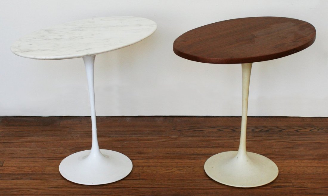 618) 2-EERO SAARINEN Tulip Side Table MFG. by Knoll,: 1-w/ oval marble, h. 20 ½", top: 14 ½ x 22 ½"; other w/ wooden top