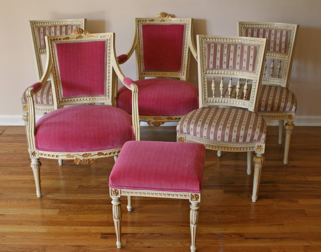 681) PAIR CARVED FAUTEUILS BY GUSTAVIAN WHITE: with matching footstool (chair height: 35"), plus 3 similar sidechairs, some with stained upholstery.