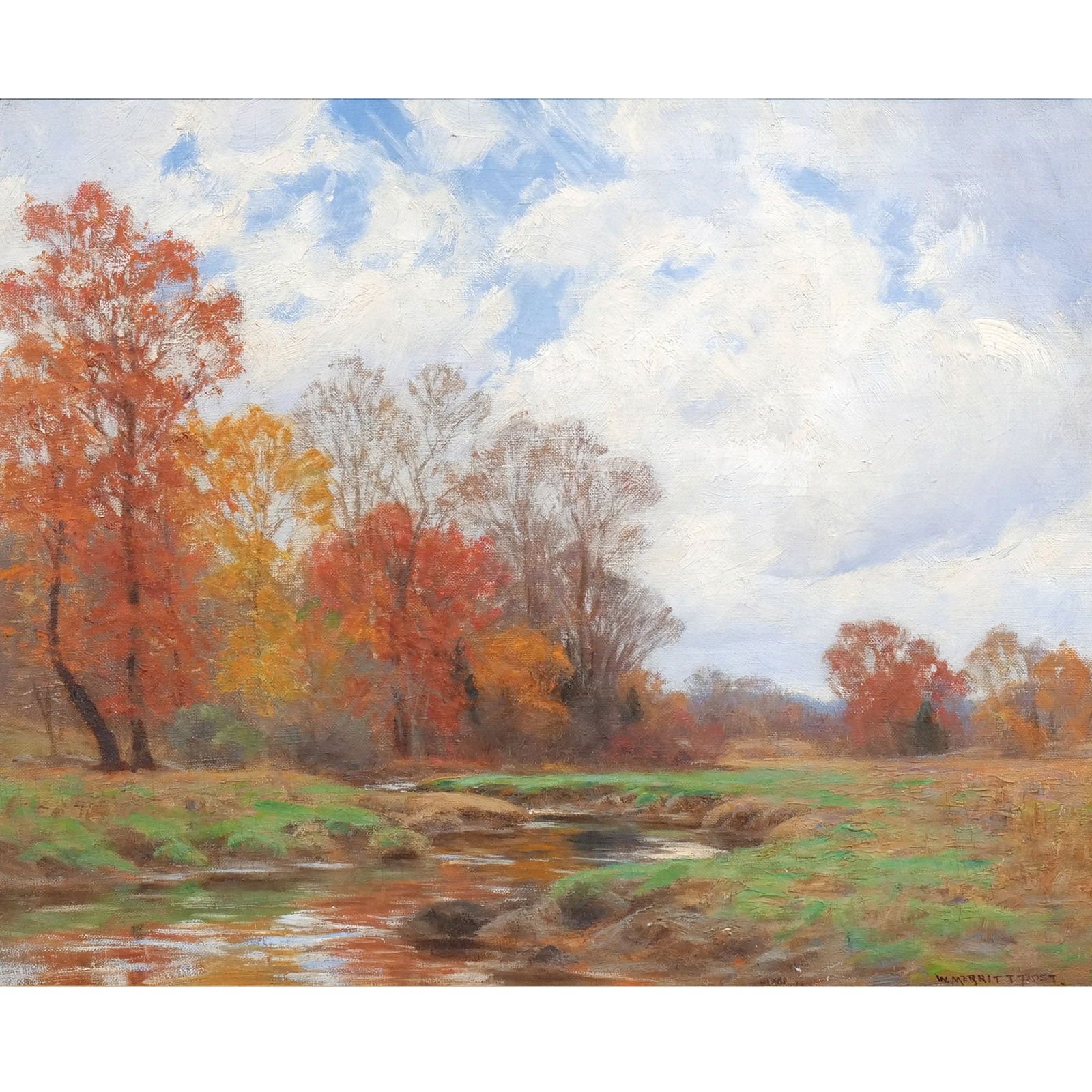 WILLIAM MERRITT POST (American, 1856-1935): "Autumnal" Oil on canvas h. 16 w. 20 Signed lower right, titled on old Salmagundi Club label verso, in a fine gilt period frame overall: 21 x 25 in. (frame) Provenance: Private collection, New Paltz,
