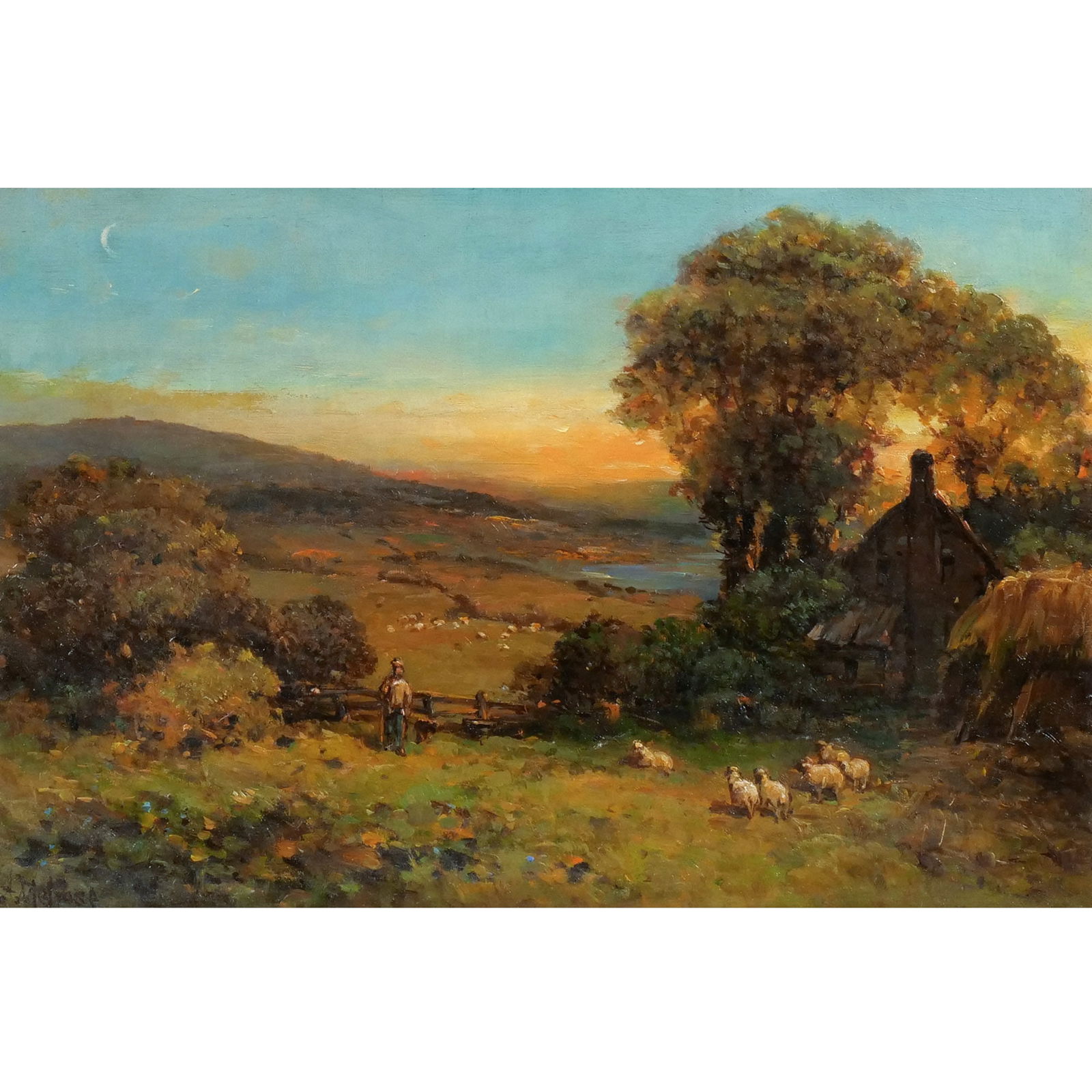 ANDREW MELROSE (American, 1836-1901): Landscape with a farmer and his flock Oil on canvas h. 12 w. 18 in. Signed lower left, framed overall: 17 x 23 in. (frame) Provenance: Private collection, New Paltz, NY