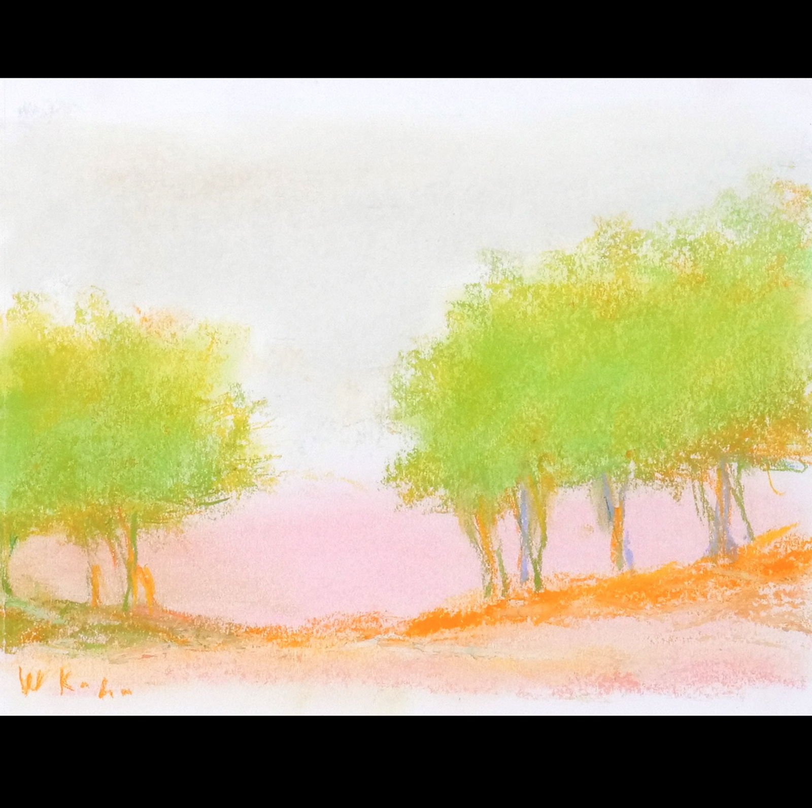 WOLF KAHN (American, 1927-2020): Pink Orchard Pastel on paper h. 8 (sheet) w. 10 in. (sheet) Signed lower left, framed, with old gallery label on verso overall: 15 x 17 in. (framed) Provenance: Purchased directly from the artist by t
