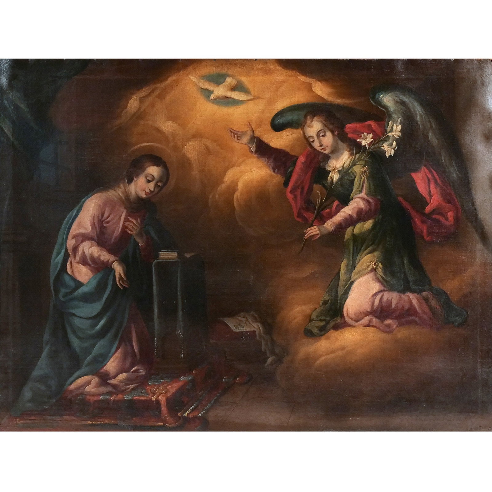 ANTONIO TORRES (Mexican, 1666-c. 1754): The Annunciation Oil on canvas h. 34 w. 44-1/2 in. Signed lower right, 'Antto O Torres F' ('fecit'), framed overall: 41 x 51-1/2 in. (frame) Provenance: Historic Field Hall, Field Home-Holy Comforter,