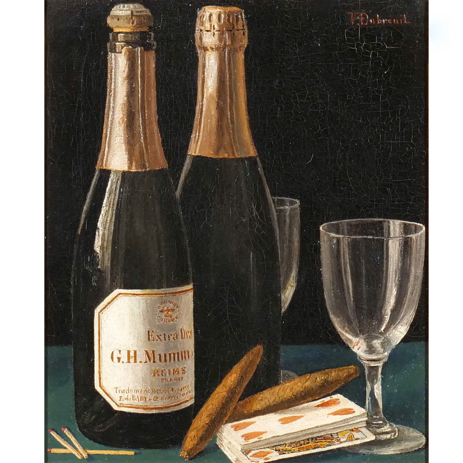 VICTOR DUBREUIL (American, 1842-1946): Champagne, Cigars and Cards Oil on canvas h. 11-1/2 w. 9-1/2 in. Signed upper right, framed overall: 23 x 21 in. (frame) Provenance: Bonhams California, 11/19/2018; The estate of the late Richard D. A