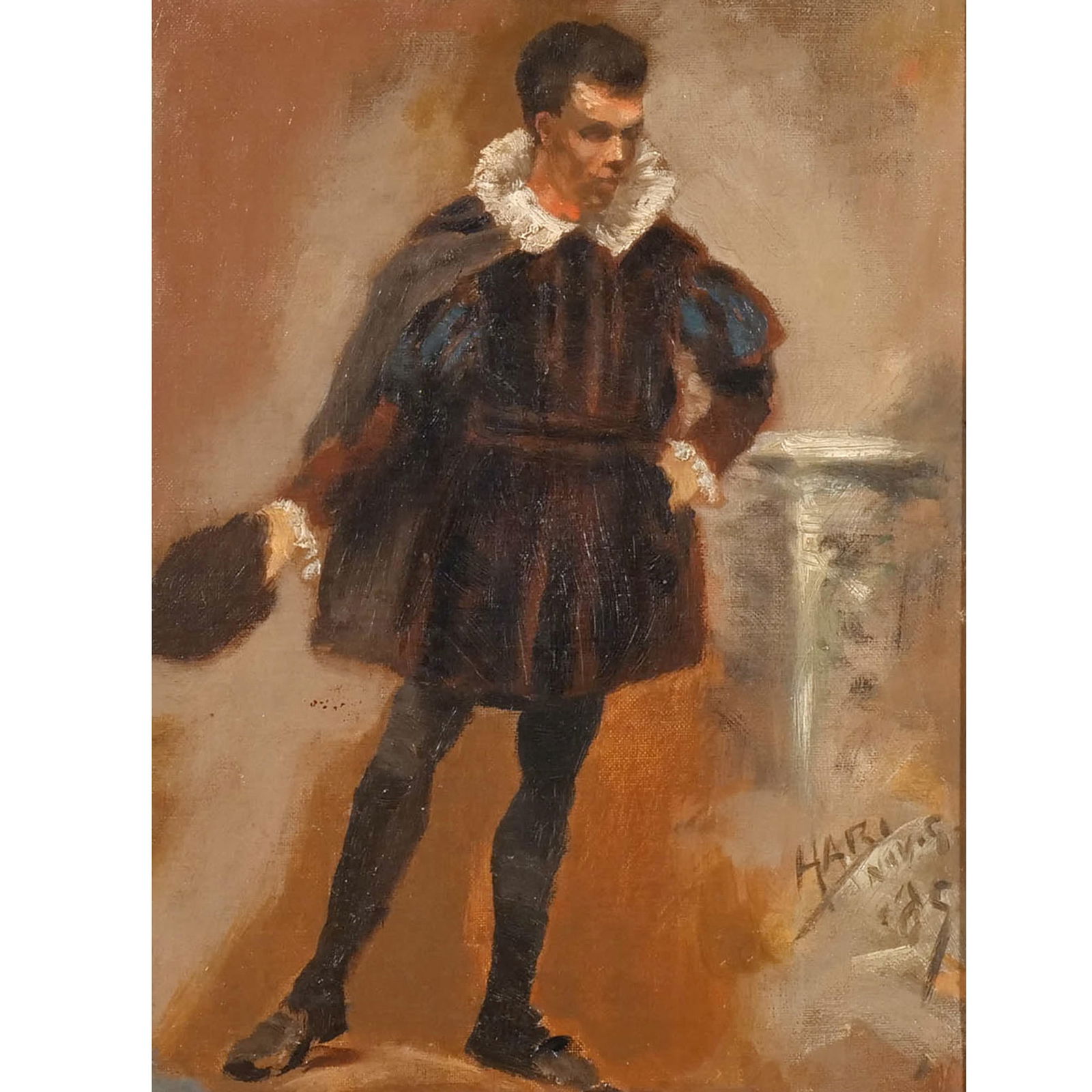 JOHN HABERLE (American, 1856-1933): 'The Actor' Oil on canvas h. 10-1/2 w. 8 in. Signed lower right, with Kennedy Galleries label verso, framed overall: 17 x 15 in. (frame) Provenance: Kennedy Galleries, Inc., New York, NY; The estate o