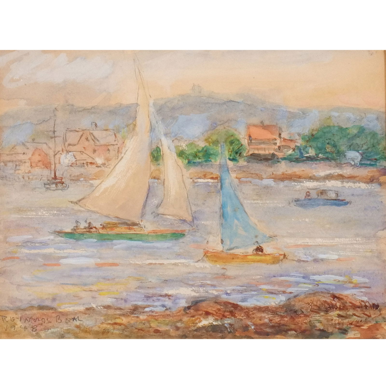 REYNOLDS BEAL (1867-1951): Sailing in Rockport Harbour Watercolor on paper h. 5-1/4 w. 7 in. (sight) Signed Reynolds Beal and dated 1948 lower left, signed authenticity label from Royal Galleries on verso overall: 10-1/2 x 12-1