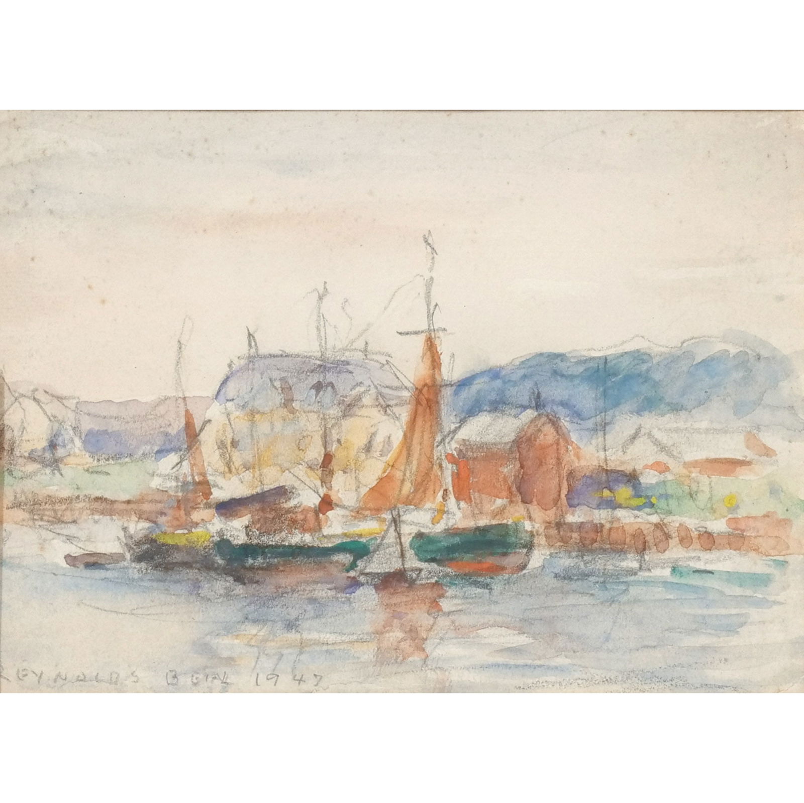 REYNOLDS BEAL (1867-1951): Rockport Harbour Watercolor on paper h. 4 w. 5-1/2 in. (sight) Signed Reynolds Beal and dated 1947 lower left, signed authenticity label from Royal Galleries on verso overall: 7-1/2 x 9-1/2 in. (frame