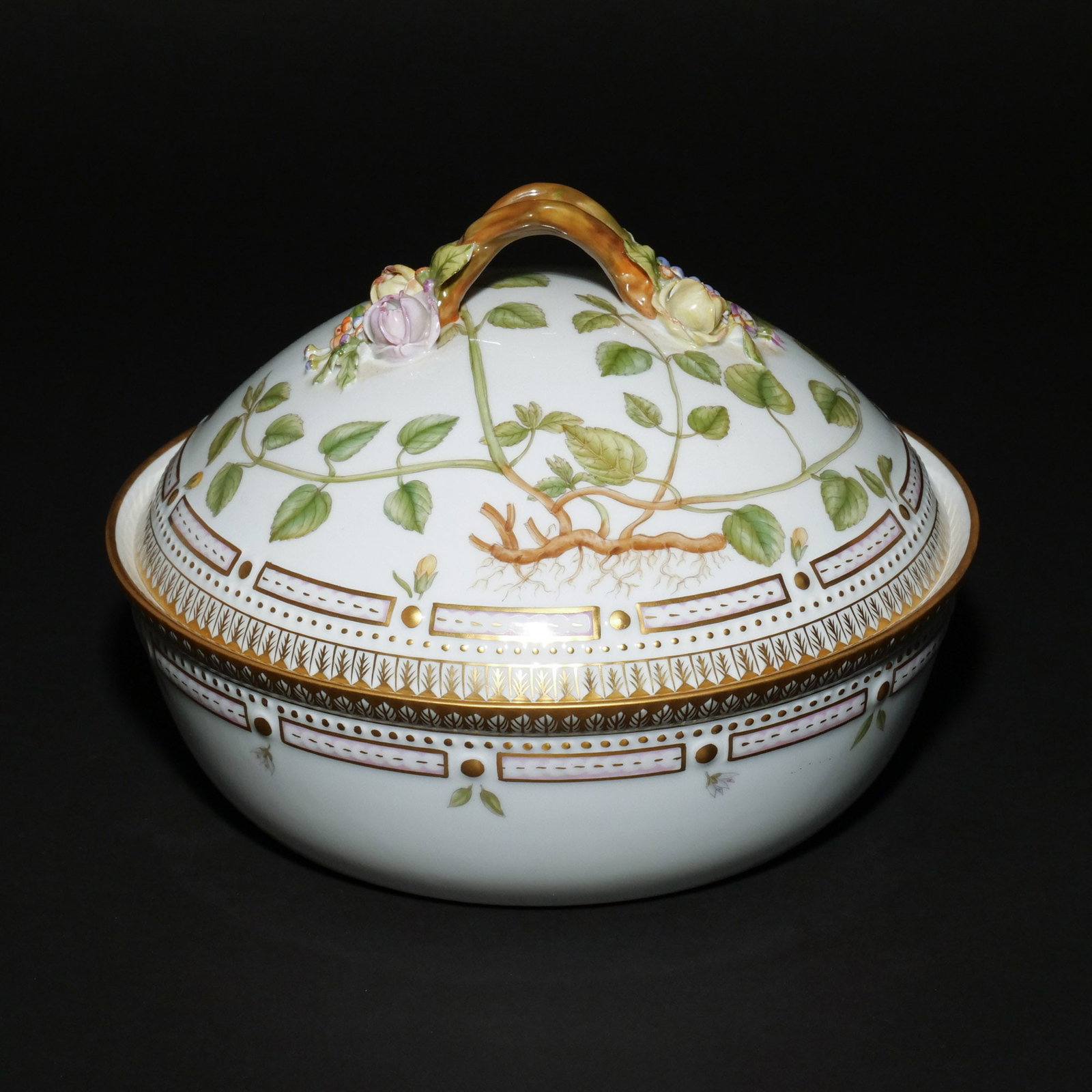 ROYAL COPENHAGEN FLORA DANICA TUREEN: With Latin inscription 'Galeopsis Galeobdolon L' to underside of lid h. 6-1/2 w. 9-1/4 in. Provenance: Property of a gentlewoman, New York, NY [In Situ Item] This item will not be on display in our sa