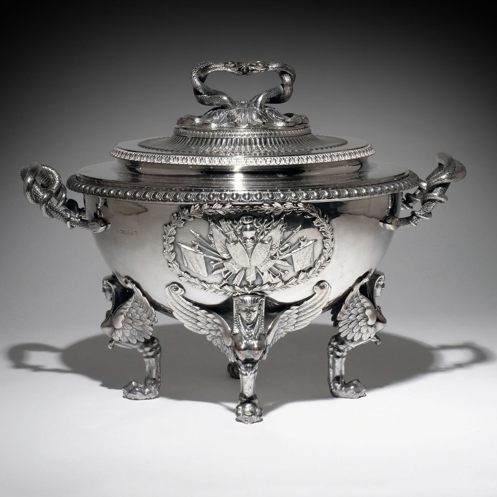 IMPORTANT REGENCY SILVER SOUP TUREEN: London, circa 1811, Benjamin Smith I & James Smith III (reg. 23rd Feb 1809 ? terminated by 14th Oct 1812), maker's mark BS / IS, in the Egyptian Revival style, of urn shape with circular stepped lid h