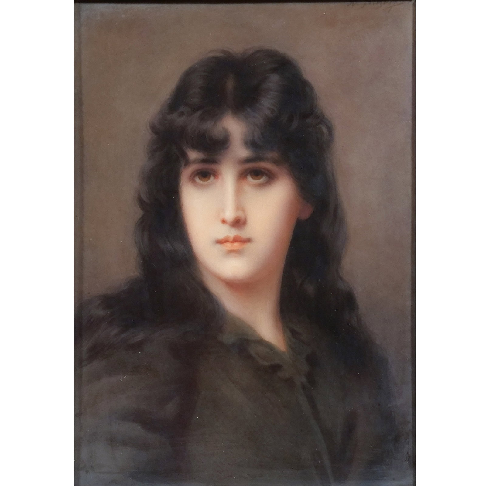 ALBERT SCHERF (German, 1876-1953) PLAQUE: Young 'Betterlin' brunette Porcelain plaque h. 7 w. 5 in. (plaque), 8-1/4 x 6-1/4 in. (framed) Signed upper right, impressed '10' or '105' (?) on verso, framed Provenance: A nonagenarian collector, Ri