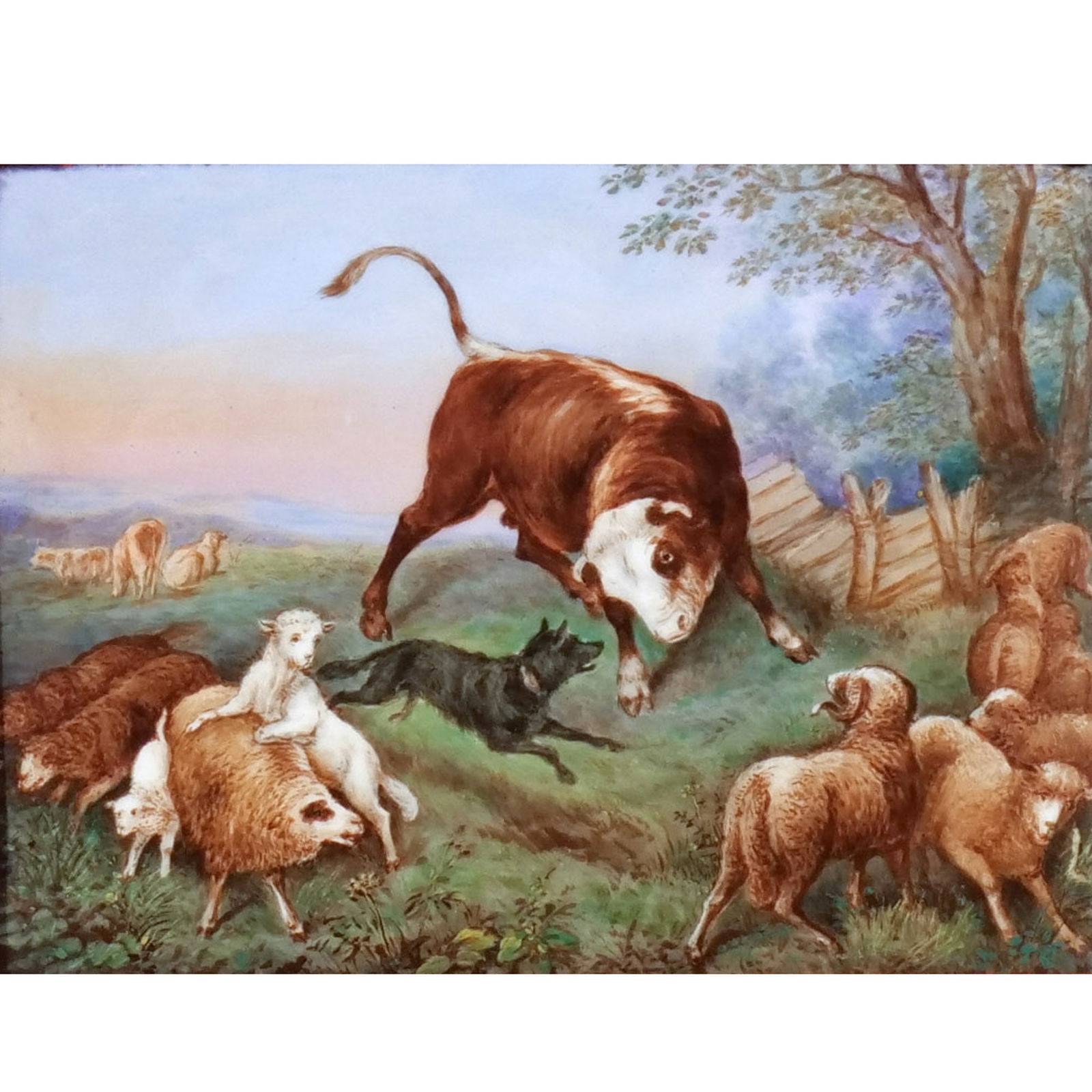 BERLIN KPM PORCELAIN PLAQUE of a BULL: Late 19th century, a charging bull with dog and sheep in the manner of James Ward, embossed mark: 'I / KPM / 150-203 / h', in an early 20th century gilt frame with velvet cushioned liner h. 5-7/8 w. 8