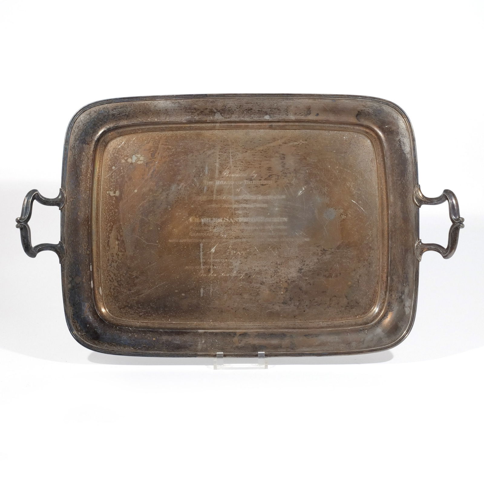 GORHAM & CO. STERLING SILVER TRAY: Of rectangular shape with molded edge and shaped handles, with engraved presentation dedication from Temple Israel of New Rochelle, dated 1958; with Gorham sterling marks, 182 ozt h. 19-1/2 w. 32-1/2
