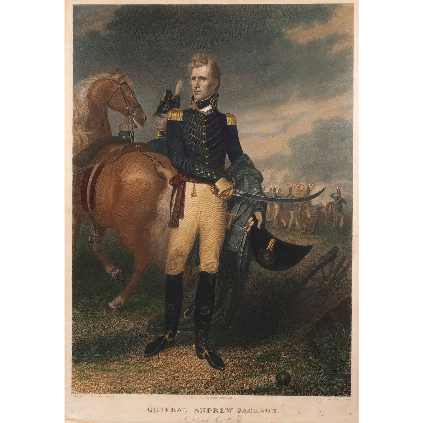 DURAND, ASHER B. (AFTER JOHN VANDERLYN): General Andrew Jackson Copper Engraving h. 22-3/4 w. 16 in. (sight) "General Andrew Jackson. New Orleans Jany. 8th 1815." New York: Printed by James R. Burton, June 1828, colored, framed overall: 34 x