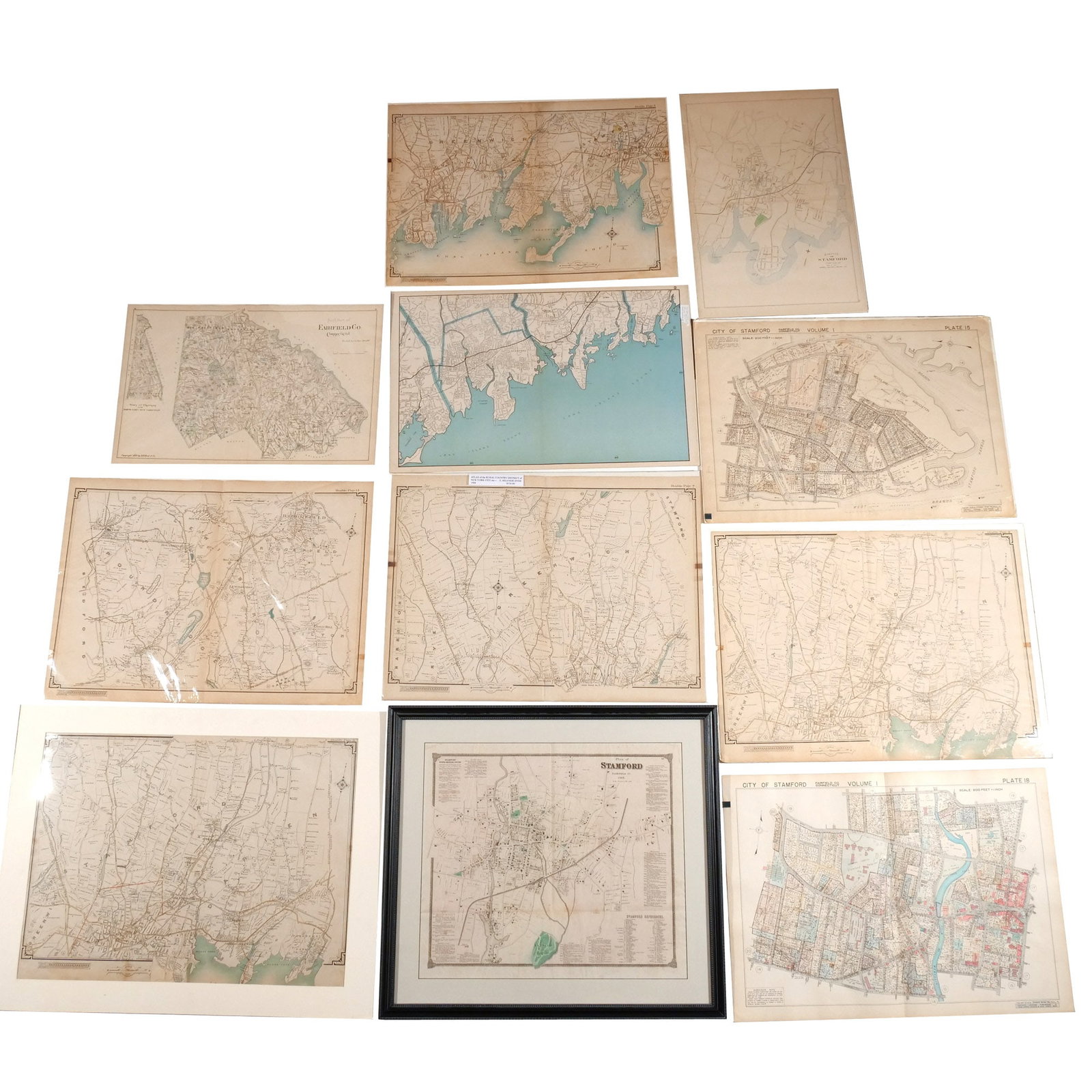 (11pc) LARGE MAPS of FAIRFIELD & WESTCHESTER: 19th and 20th centuries, including: (5) HYDE, E. BELCHER, maps from various editions of the Atlas of Rural Country District of New York City: The Towns of Greenwich, Stamford and Darien (nd). 30-1/2 x