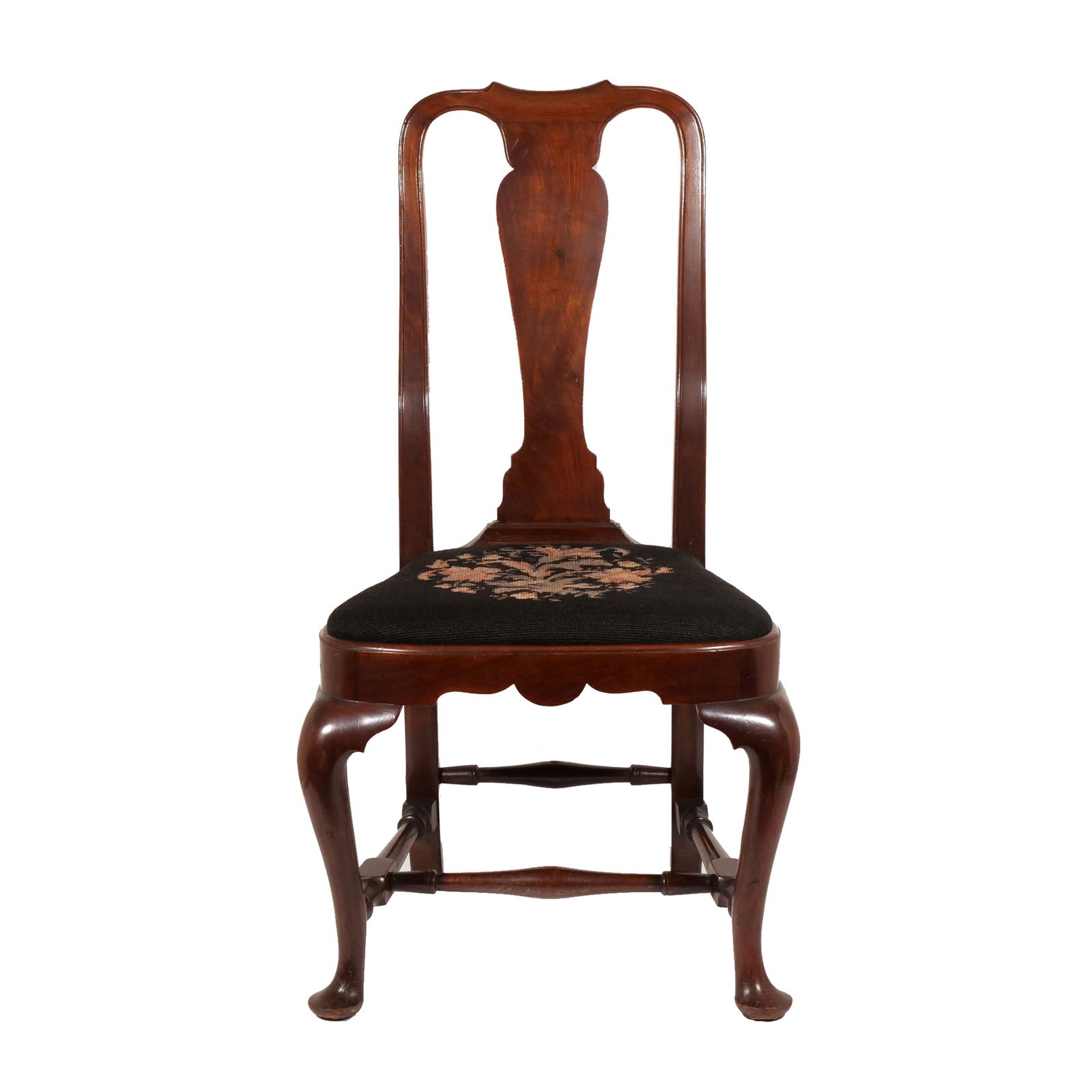 QUEEN ANNE WALNUT COMPASS SEAT SIDE CHAIR: Boston, Massachusetts, circa 1755, with needlepoint seat h. 40-1/2 w. 22 d. 21 in. overall: 17 in. (seat height) Provenance: Descent through a New Canaan, CT estate