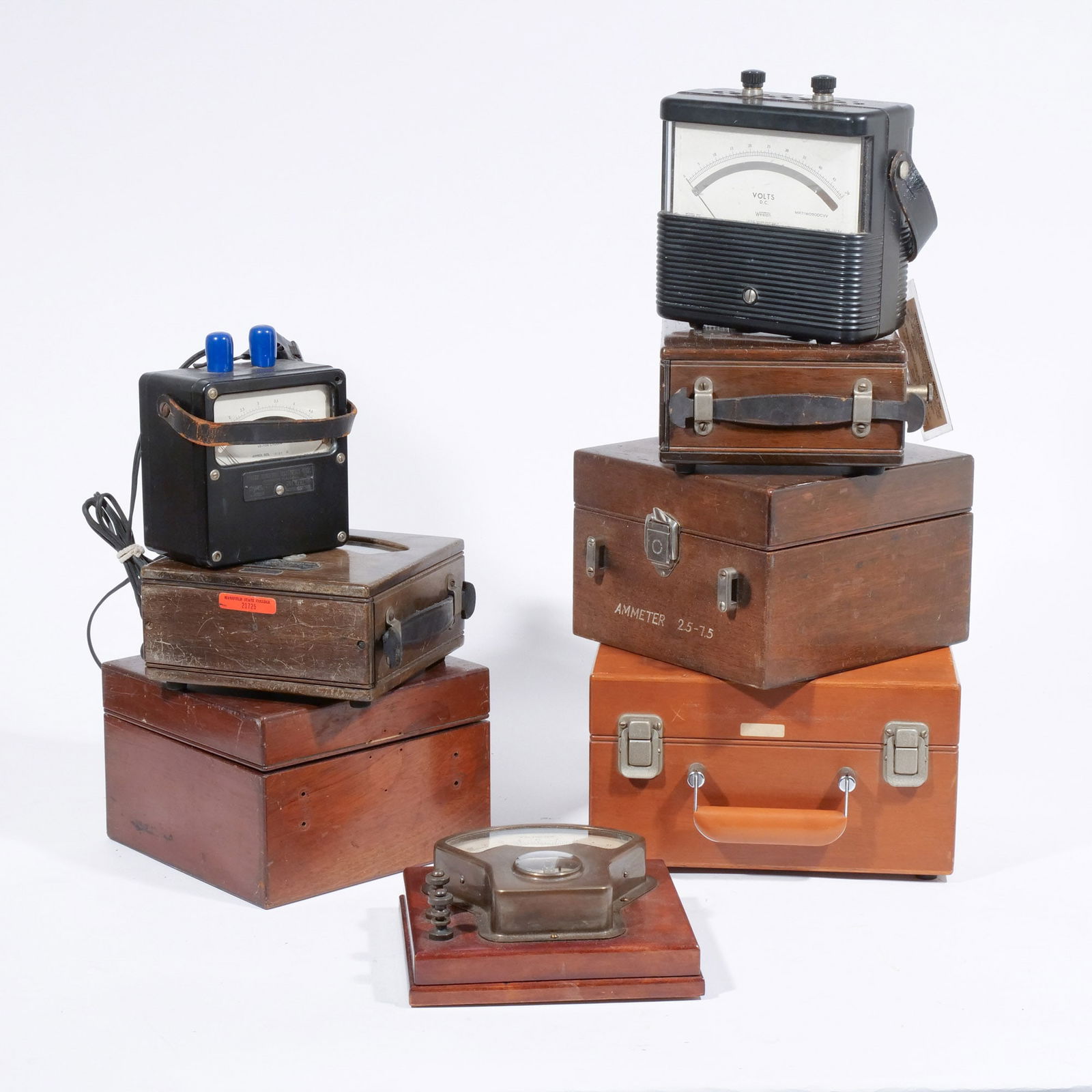 (9pc) VINTAGE AMMETERS AND VOLTMETERS: Including a Weston Model 341 voltmeter, two General Electric Type P3 ammeters, a Weston Model 1 direct current voltmeter, two Weston Model 155 ammeters, a Weston Model 901 voltmeter, a Weston Model 43