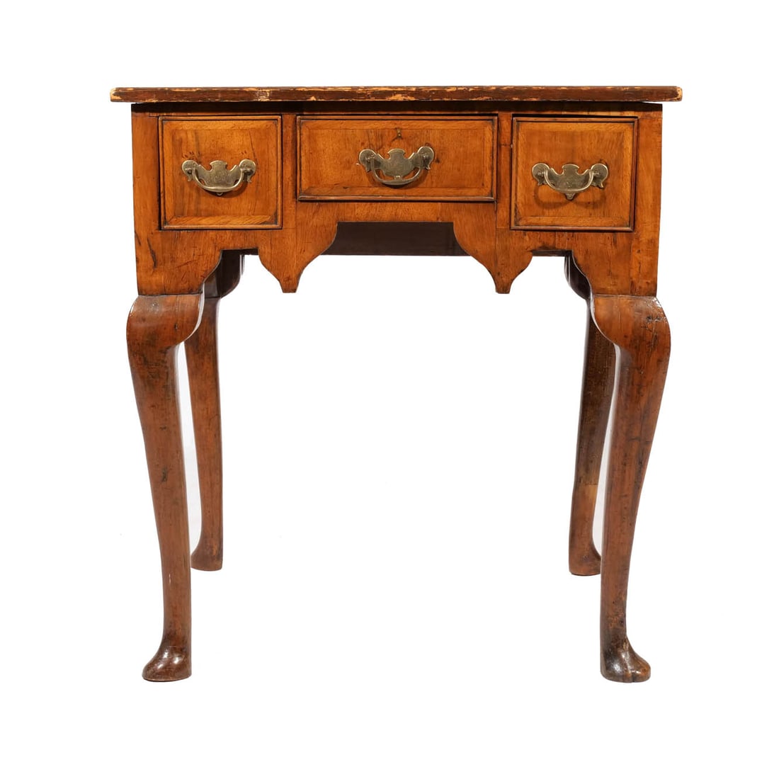 GEORGIAN BURL WALNUT LOW BOY: 18th century h. 27-1/2 w. 25-1/2 d. 18-1/2 in. Provenance: A Redding, CT estate [In Situ Item] This item will not be on display in our saleroom during our preview period. If you wish to view it in-per