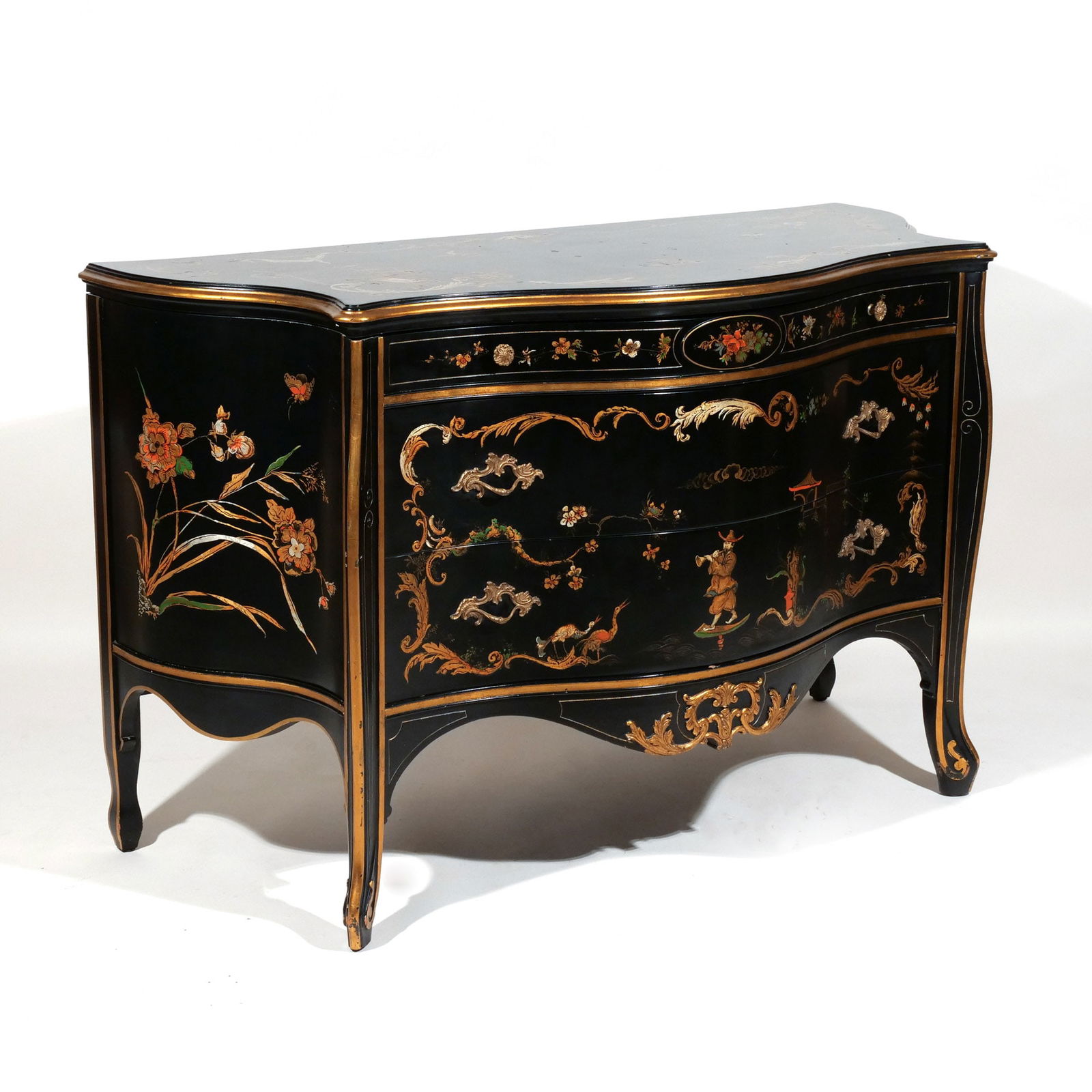 GIEGER & BRAVERMAN PAINTED LOUIS XV-STYLE COMMODE: With serpentine front, having raised chinoiserie decoration and bas relief carved mounts h. 34 w. 53-1/2 d. 24 in. Provenance: Private collection, Scarsdale, NY