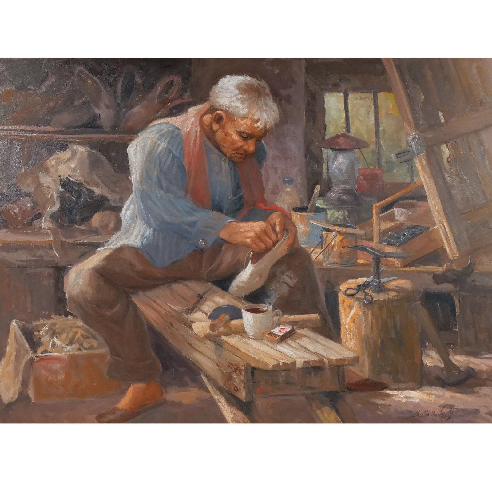 MARTIN MANERO (Philippino, 1935-): Cobbler at work Oil on canvas h. 30 w. 40 in. Signed lower right, framed overall: 38-1/2 x 48-1/2 in. (frame) Provenance: An Armonk, NY physician [In Situ Item] This item will not be on display in our
