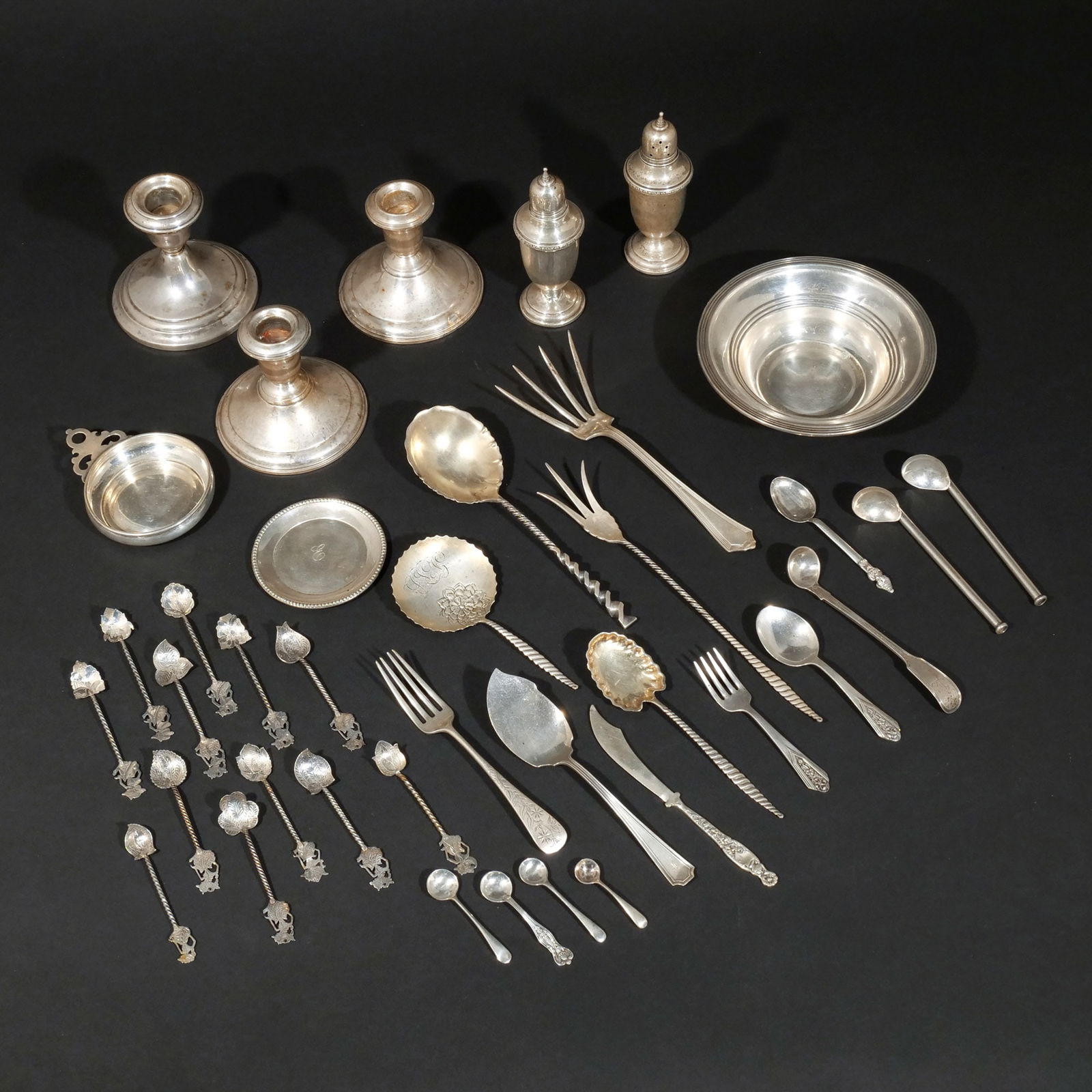 (38pc) MISC. STERLING & .800 SILVER: Mostly sterling, which includes 1 wine coaster; 1 small round ashtray; 1 child's porringer; 2 child's spoons; 1 child's fork; 8 misc. serving pieces; 1 luncheon fork; 4 misc. salt spoons; 2 straw spoo