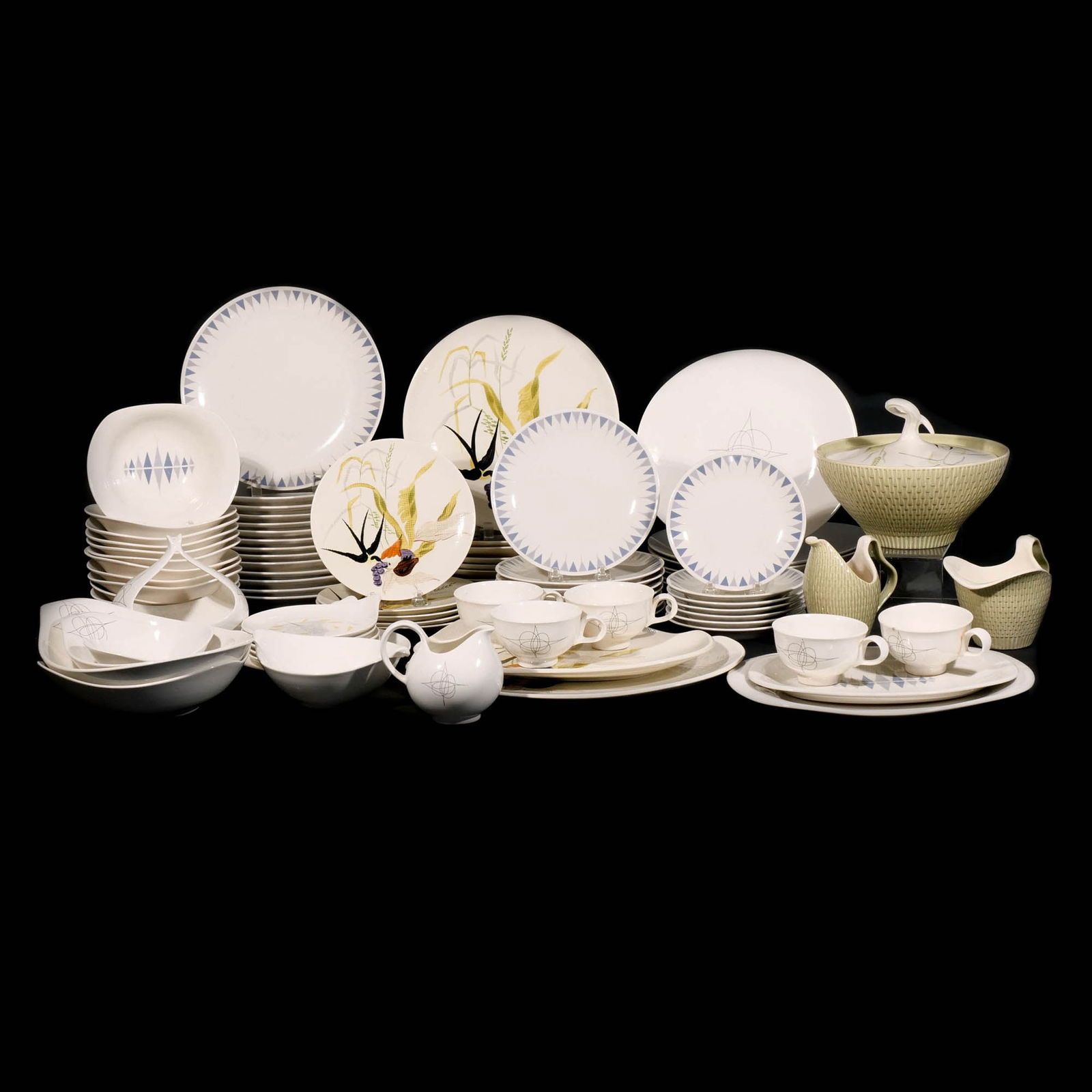 LOT of MISC. MIDCENTURY MODERN CHINA: A collection of china including dinner plates, salad plates, bread plates, serving bowls, a covered tureen (7 x 9 in.), platters (largest platter is 15 x 12 in.), and more, in a variety of patterns, b