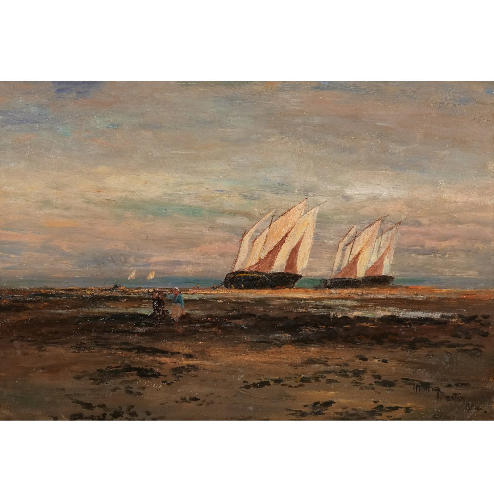 HOMER DODGE MARTIN (American, 1836-1897): Low Tide, Brittany or Normandy coast Oil on canvas h. 14 w. 20-1/2 in. Signed and dated 1884 lower right, framed overall: 20-1/2 x 27 in. (framed) Provenance: The estate of Nelson C. White, Old Lyme,