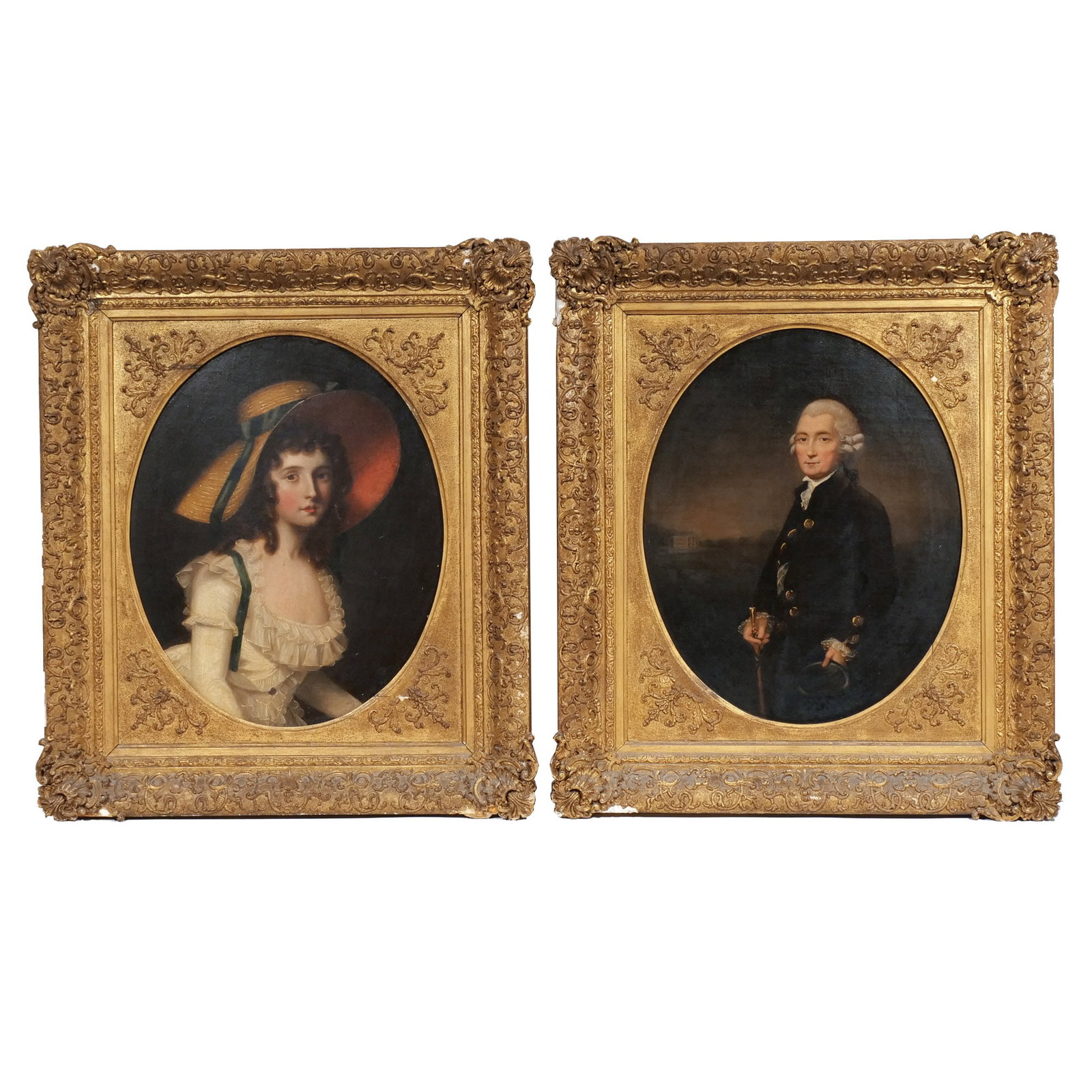 (2pc) FRANCIS ALLEYNE (English, 1774-1790): Portraits of Richard & Eliza Wood Oil on canvas h. 17-3/4 w. 14-3/4 in. (each) Both painted in tondo; half portrait of Eliza Wood wearing wide brim chapeau & decolletage ruffled dress; Richard Wood sh