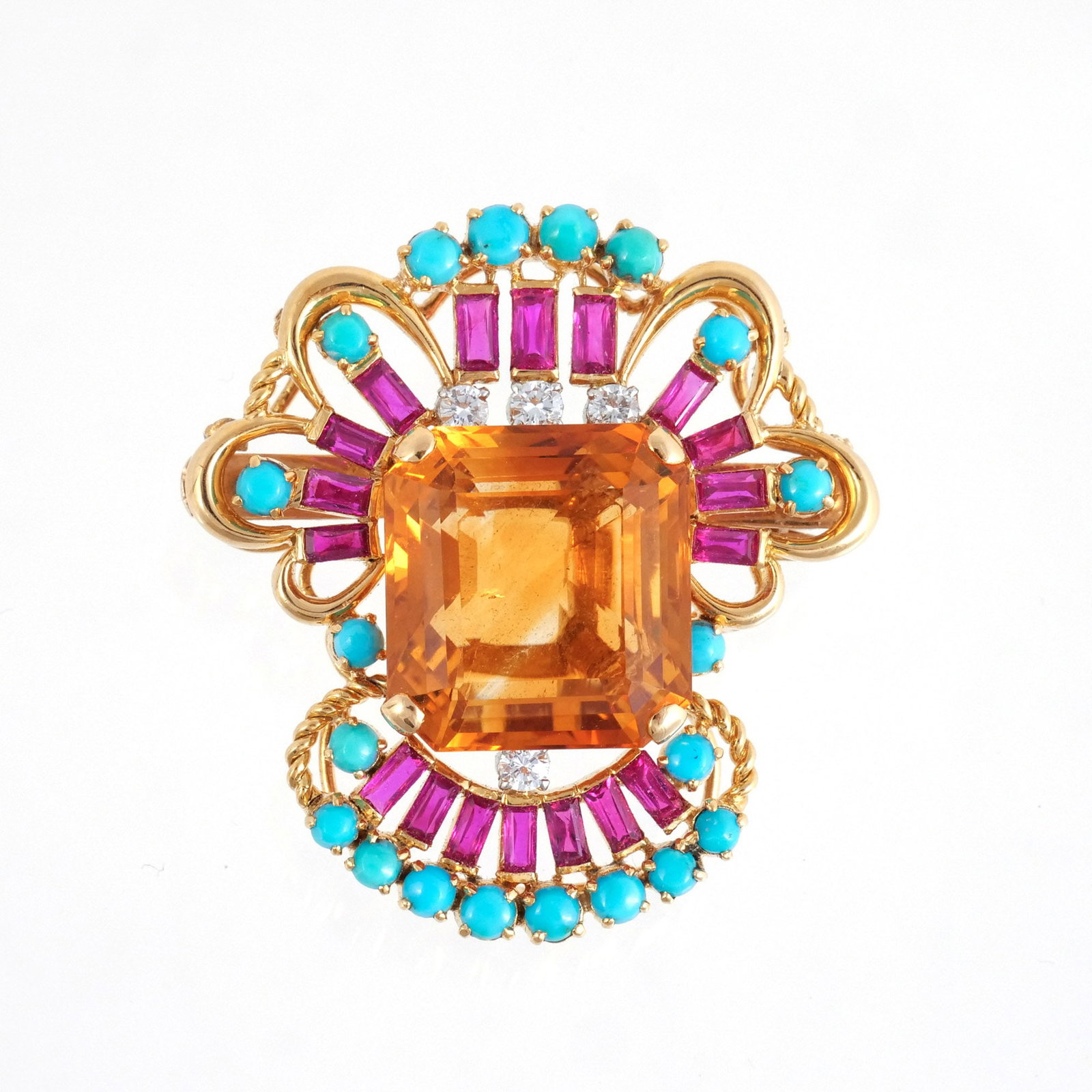 18K GOLD, CITRINE, DIAMOND, RUBY, & TURQUOISE PIN: With center citrine measuring approx. 18 x 17mm and surrounded by round brilliant diamonds, baguette rubies, and cabochon turquoise, unmarked but tests as 18k, l. 1-3/4 x w. 1-5/8 in., 27 grams total