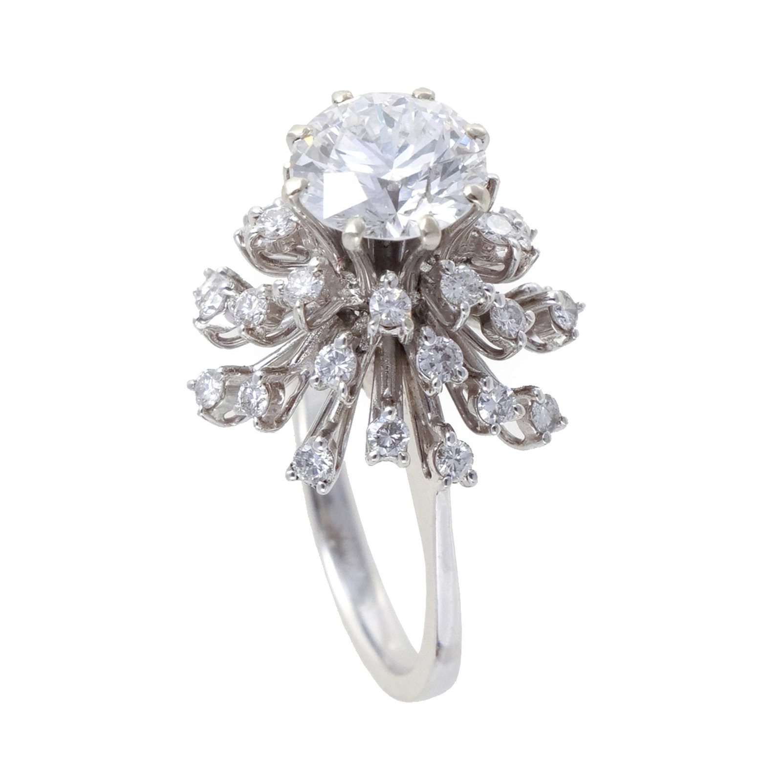 2.26 ct ROUND BRILLIANT DIAMOND RING: With central round brilliant, appx. 2.26 cts, in an 18k white gold 'Ballerina' setting with mostly full-cut melee diamonds mounted on stems Provenance: Descended through the family of the current owne