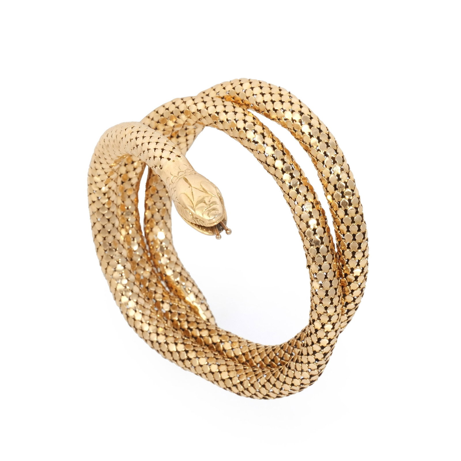 18k GOLD SNAKE COIL BRACELET: Flexible wraparound tubular-mesh gold, adjustable interior circumferences, marked '750', 73.3 grams Provenance: Descent through a deceased former U.S. Ambassador's estate