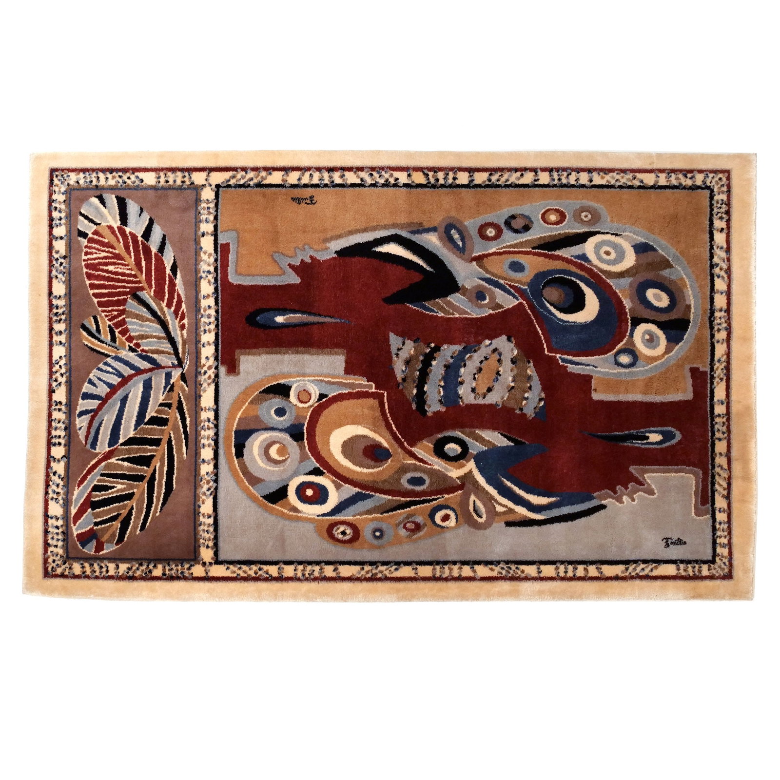 EMILIO PUCCI ABSTRACT WOOL RUG: Signed and Marked All wool, hand-knotted ? Made in Argentina h. 9 ft. w. 6 ft. 2 in. Provenance: Descent through a prominent Eastchester, NY estate