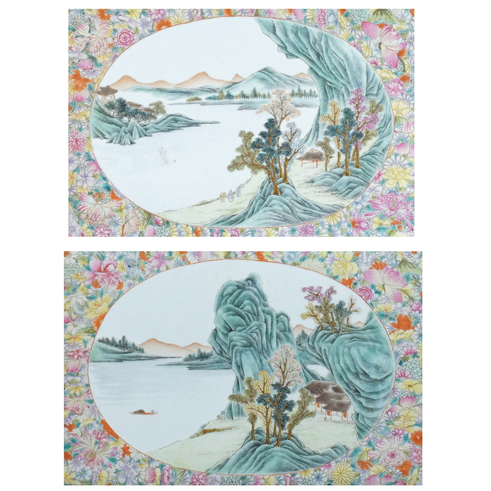 PAIR of CHINESE FAMILLE ROSE PORCELAIN PLAQUES: Republic period, early 20th century, with enameled landscape reserves on a mille fleur ground, w/Hong Kong Art Craft Merchants association Certificate of Antiquity, date 2 Feb. 1978, guarantee plaques
