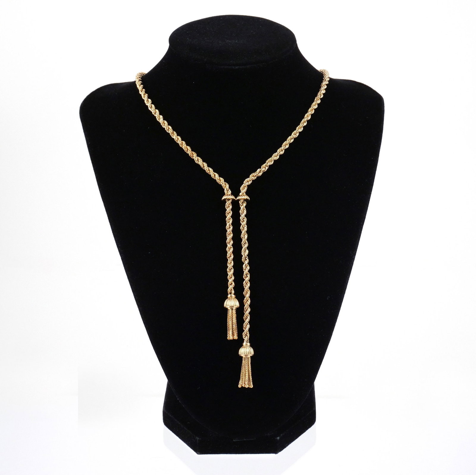 18K GOLD TASSEL NECKLACE: Rope chain with fixed tassel, unmarked but tests as 18k, l. 16-1/2 in., 42 g Provenance: Descended through the family of the current owner, private collection, Pound Ridge, NY