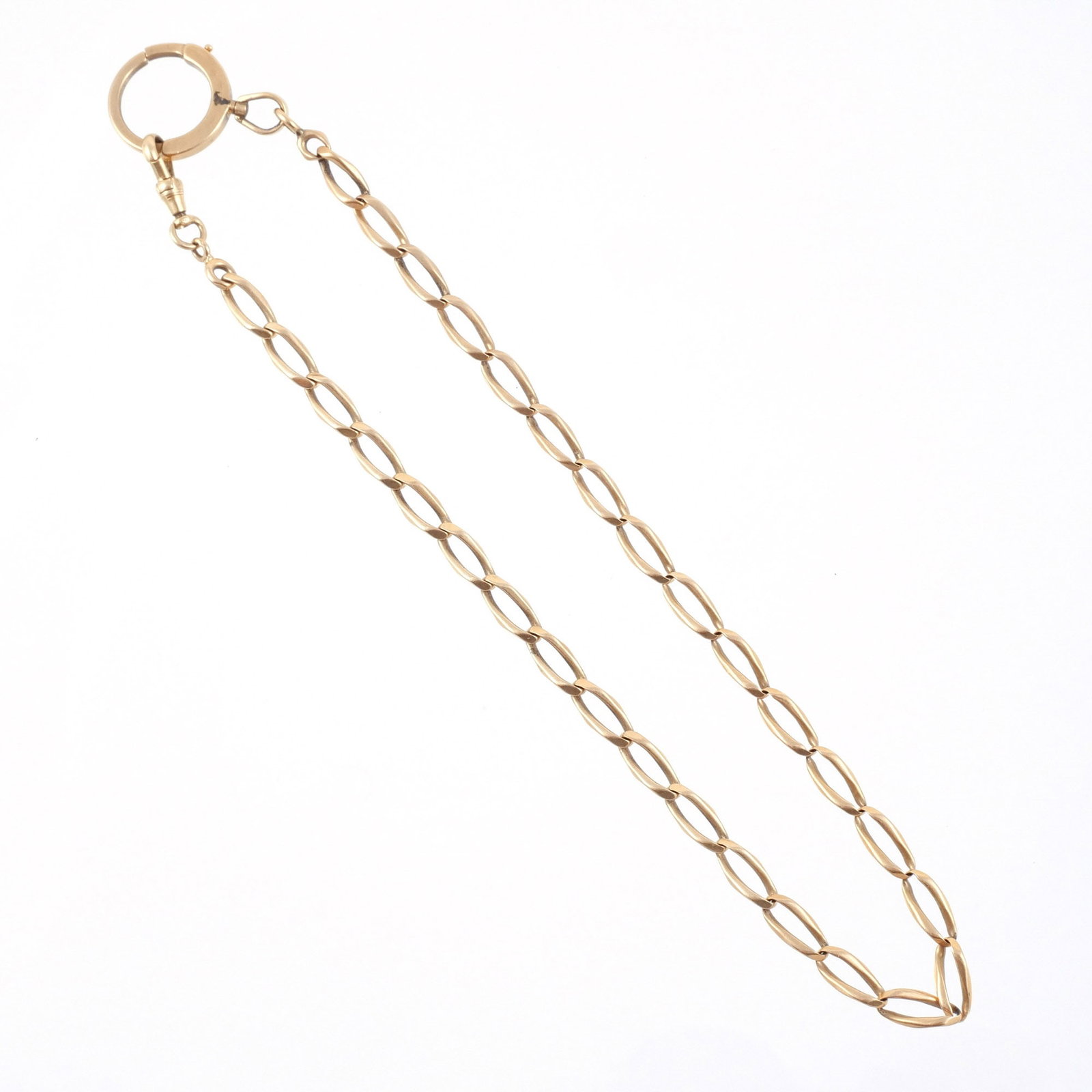 14K GOLD WATCH FOB: With flattened oval links, clasp marked 14k, l. 16 in., 31.8 g Provenance: Descent through a deceased former U.S. Ambassador's estate