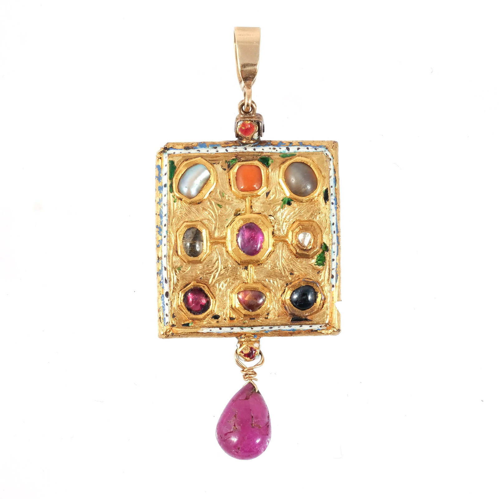 MUGHAL-STYLE GILT AND ENAMEL PENDANT: Mughal-style pendant set with semiprecious gemstones in a Navaratna-type arrangement with polychrome enamel in a floral motif on the reverse, 14k gold over base metal h. 2-3/4 w. 1-1/8 in. Provenance: