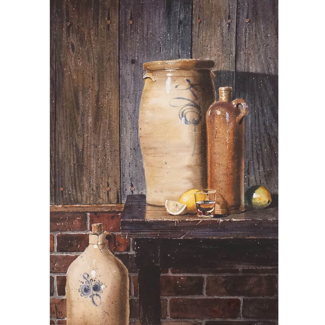 GUNTER H. KORUS (German, 1925-2021): Still-Life wih American Stoneware Watercolor on paper h. 30 w. 22 in. Signed and dated '73' lower left, with the label of the artist on verso, matted but unframed Provenance: Private collection,