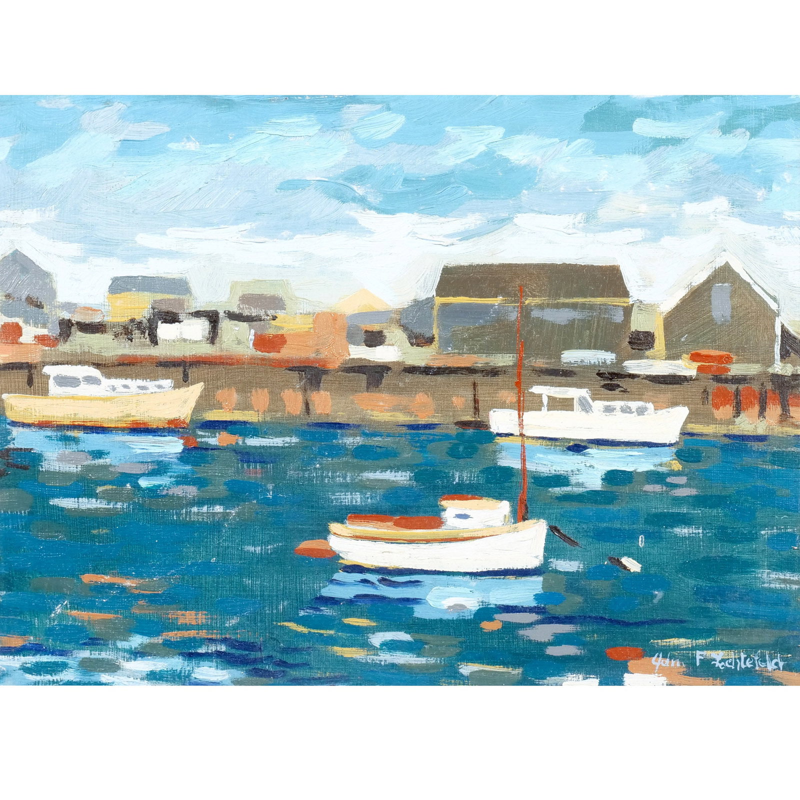 JOHN LOCHTEFELD (b. 1933): Harbor View Oil on masonite h. 9 w. 12 in. Signed lower right, with label on verso from The Main Street Gallery, Nantucket overall: 12 x 15 in. (framed) Provenance: Main Street Gallery, Nantucket; By