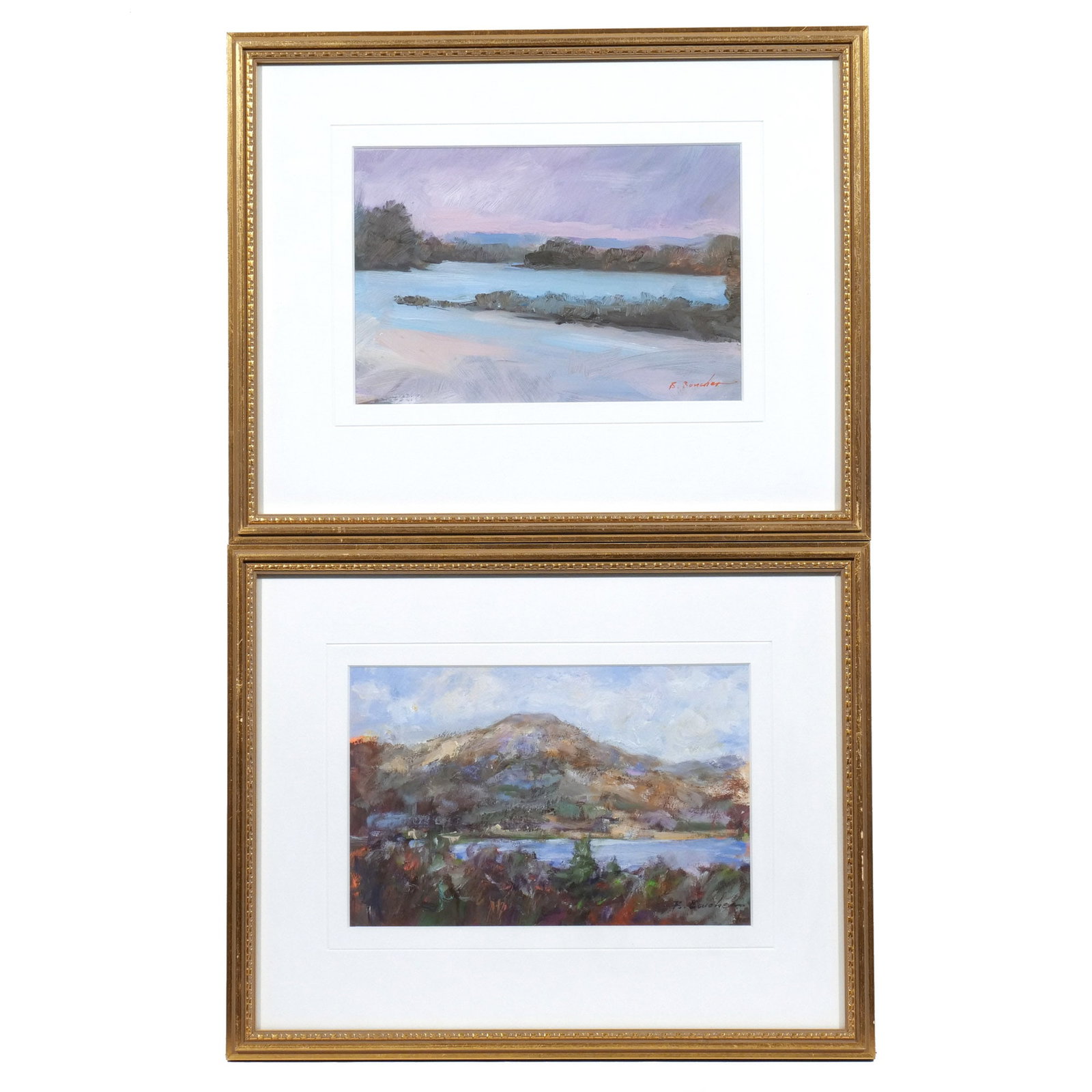 (2pc) JOSEPH 'BERNIE' BOUCHER (American,1940-2017): Two Landscapes Oil on board h. 6 w. 9 in. Including 'North Country' June 1999 and 'River's Edge' October 1998, each signed lower right, framed overall: 12 x 15 in. (framed) Provenance: Descent through