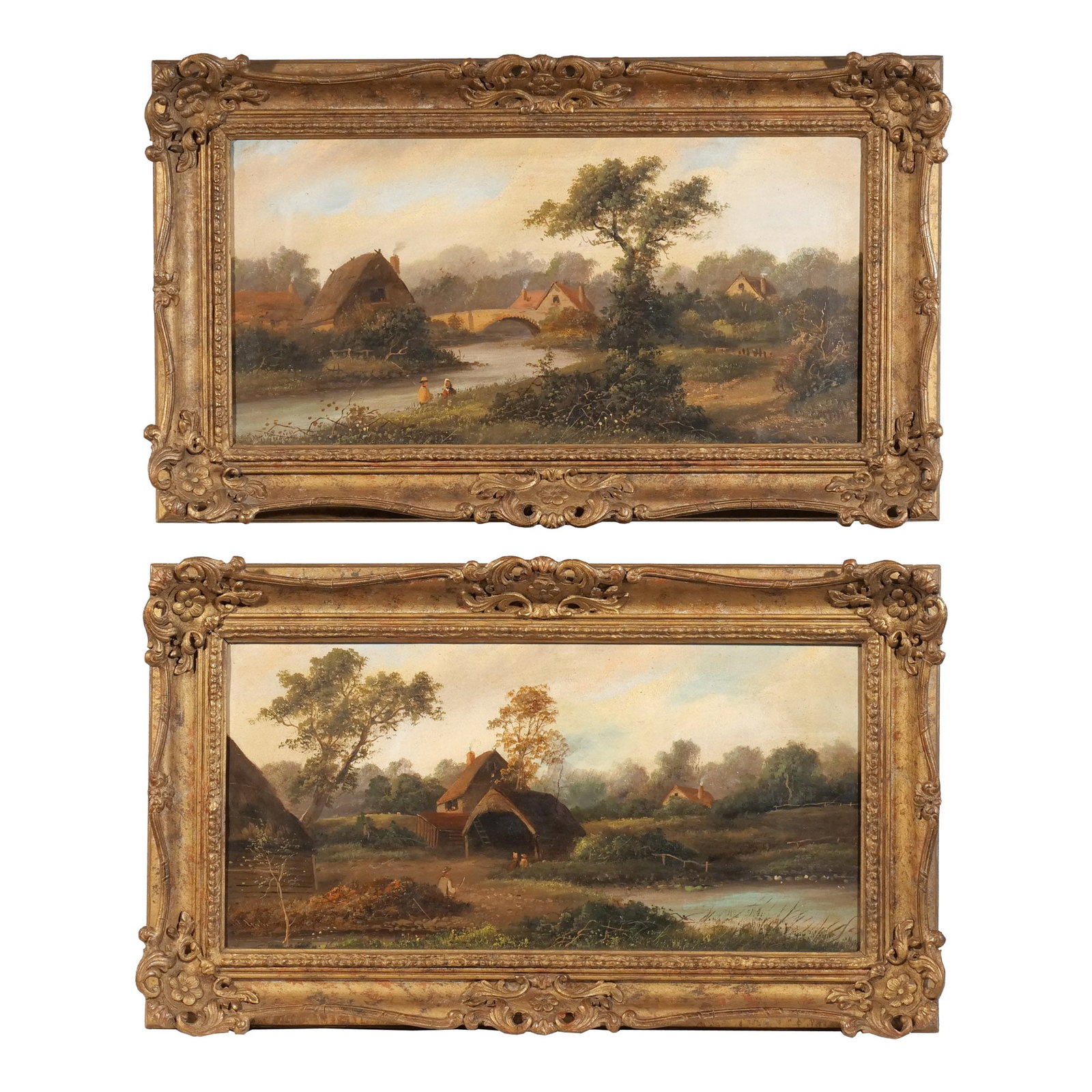 (2pc) W. YATES (British, 19th century): Pair of rural landscapes Oil on canvas h. 12 w. 24 in. (each) Each signed 'W. Yates' lower margin, including a river landscape with figures by the bank and a bridge in the distance, and a pond side fa