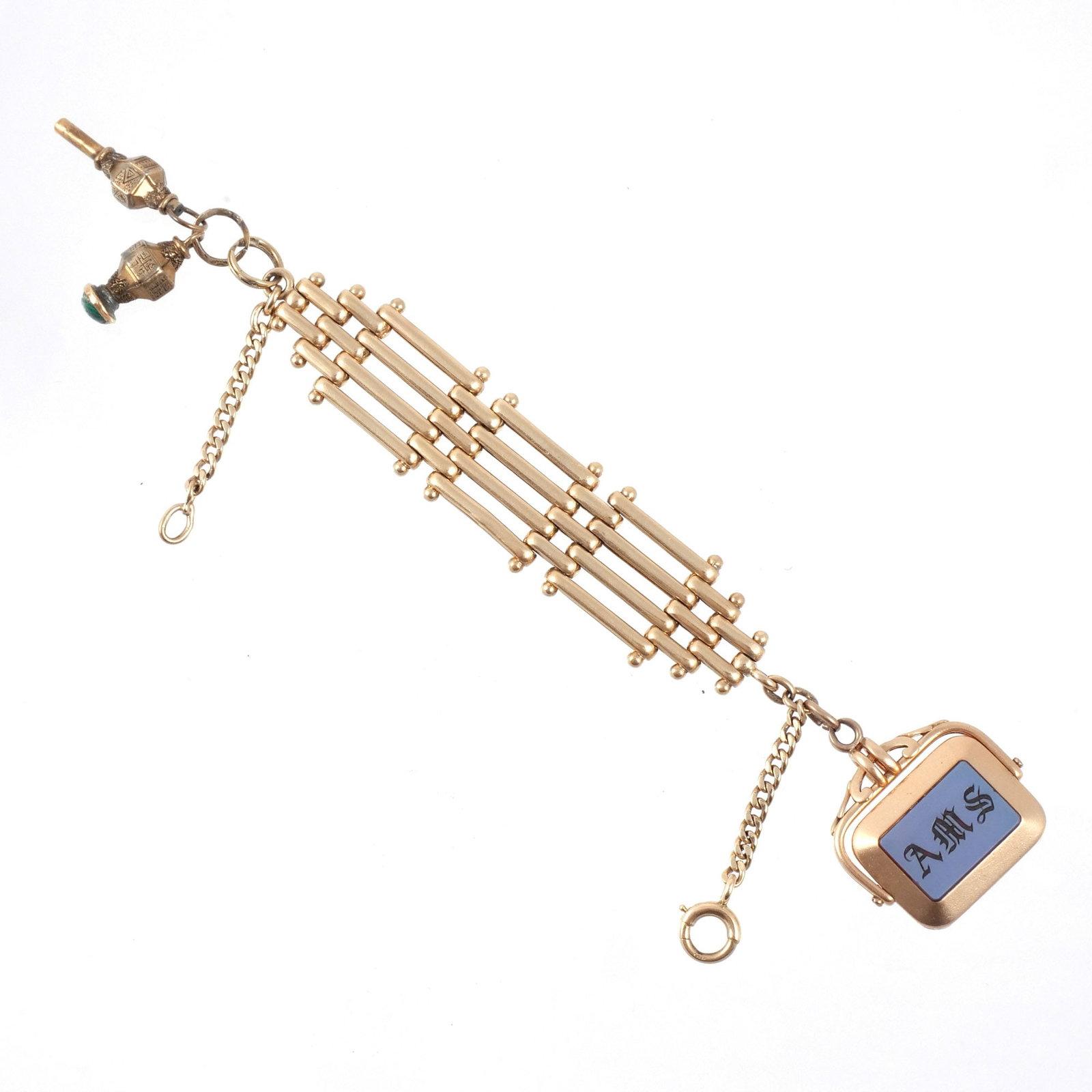 14K GOLD FOB & BRACELET: Bracelet of open rectangular links, with monogram stamp fob and watch key, total l. 7-1/2 in., 40.3 grams Provenance: Descent through a prominent Manhattanite's estate