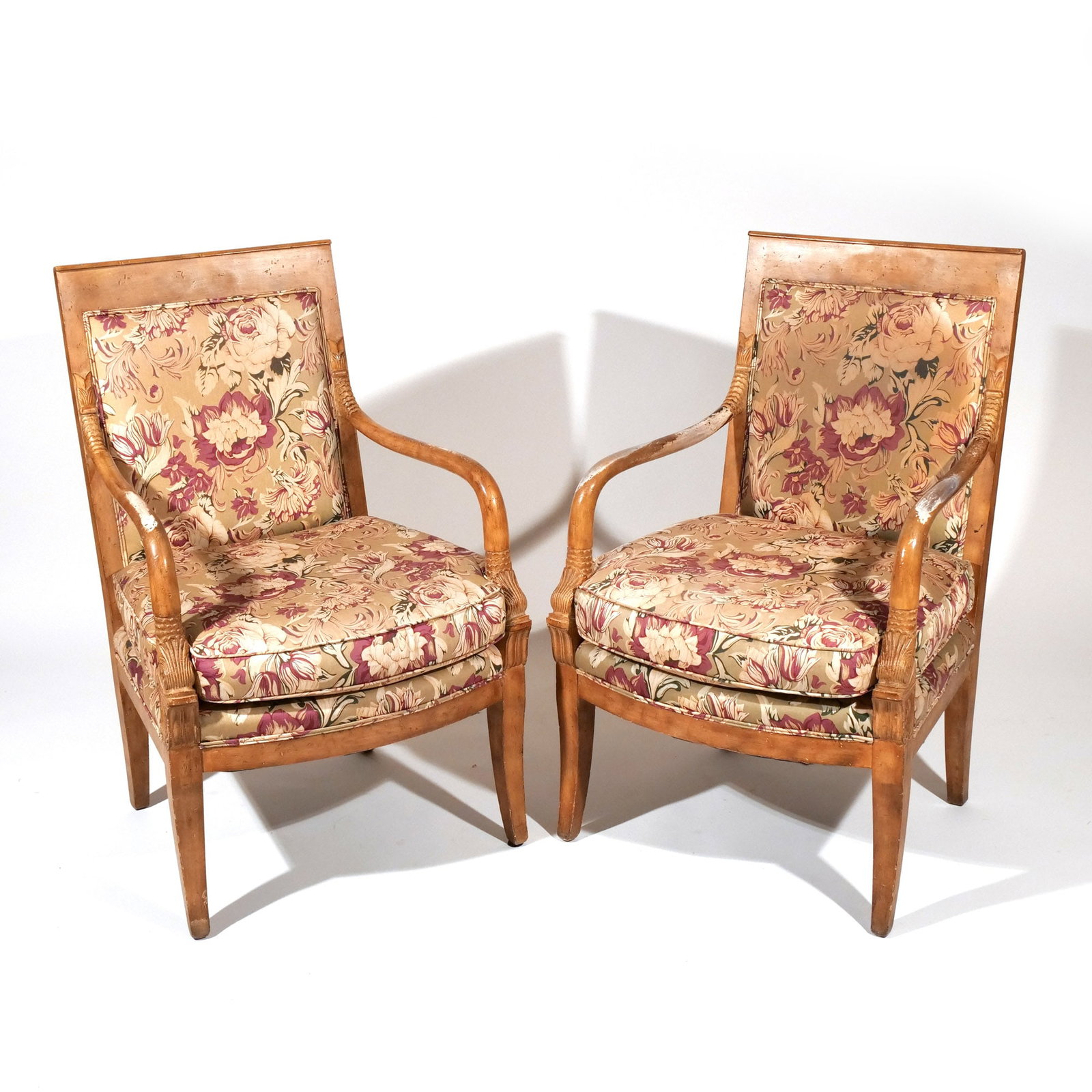 (2pc) PAIR of FRENCH EMPIRE-STYLE FAUTEUILS: 20th century, having Dolphin arm rest h. 37 w. 24 d. 23 in. Provenance: Descent through a prominent Manhattanite's estate [In Situ Item] This item will not be on display in our saleroom during the pre