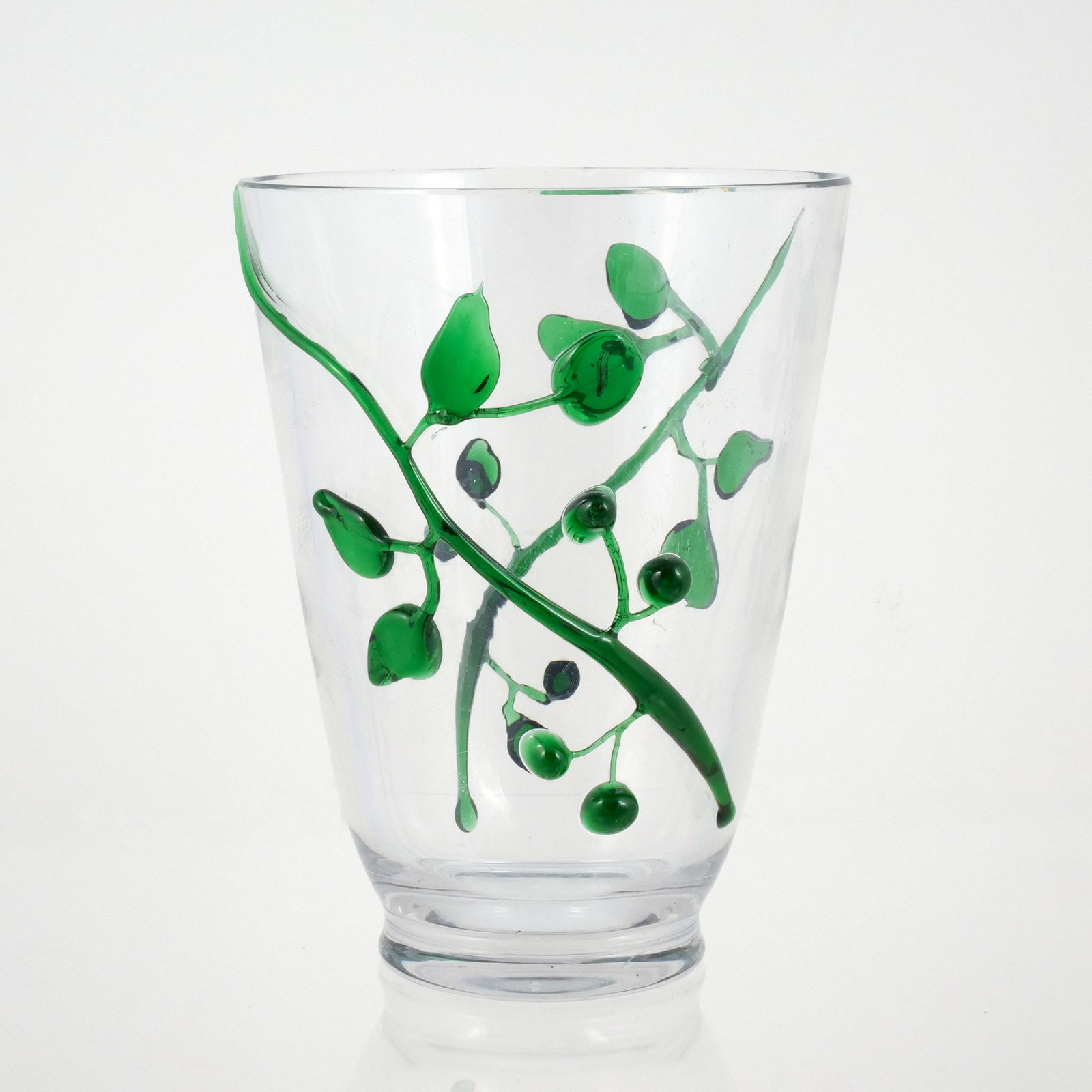 JEAN SALA GLASS VASE: With green branches and leaves in relief, signed h. 8-1/2 in. dia. 6-1/2 in. Provenance: Descent through a deceased former U.S. Ambassador's estate [In Situ Item] This item will not be on display