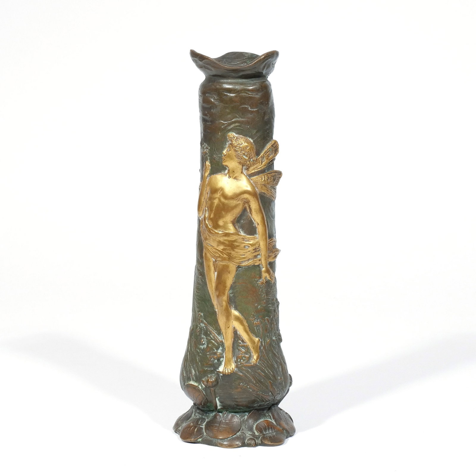 CHARLES LOUCHET (French, 1854-1936): Art Nouveau bronze vase, stamped 'Paris / Louchet / Ciseleur', featuring a winged wood nymph figure in gilt relief h. 10-3/8 w. 3-1/2 in. Provenance: Removed from historic George Carpenter House,