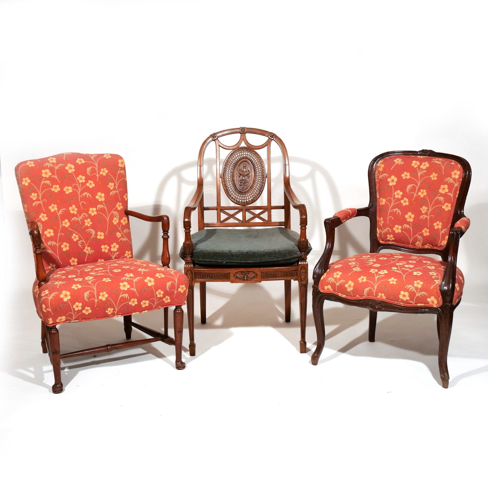 (3pc) MISC. ARMCHAIRS: Including an Adams-style armchair with cane seat and back; a Louis XV-style fauteuil; and a Queen Anne-style open armchair Provenance: A Waccabuc, NY estate [In Situ Item] This item will not be on