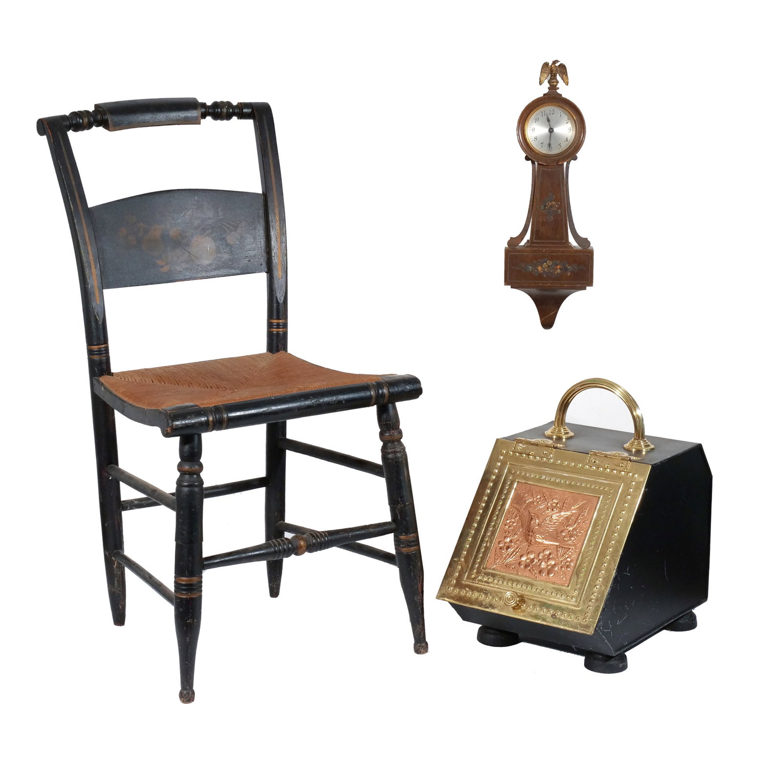 (3pc) WALL CLOCK, HITCHCOCK CHAIR, & COAL SCUTTLE (1 of 11)