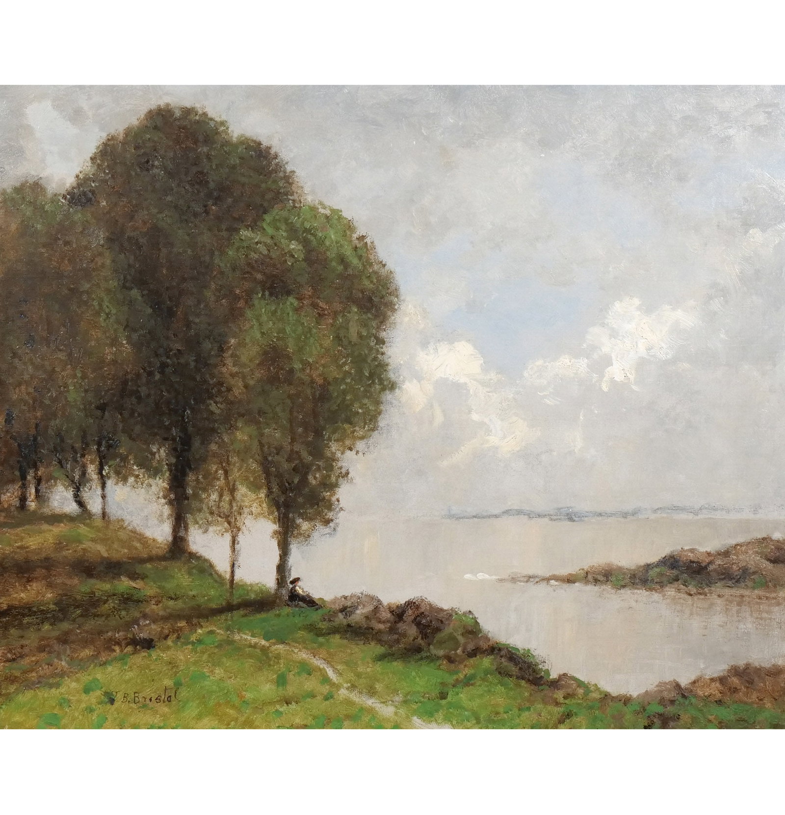 JOHN BUNYAN BRISTOL (American, 1826-1909): Coastal Landscape with Figure Oil on canvas h. 19 w. 23 in. Signed lower left, framed overall: 23-1/2 x 27-1/2 in. (framed) Provenance: Private collection, New Paltz, NY