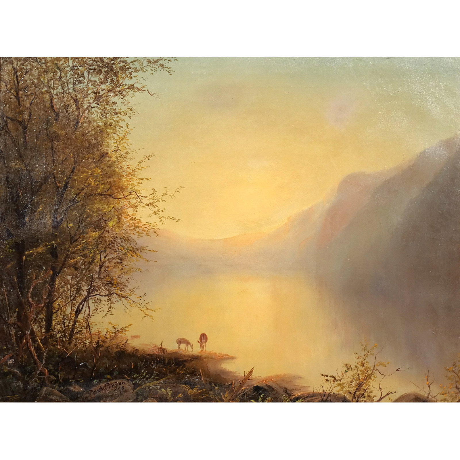PAUL CRAYON (American, 19th century): Adirondack Landscape with Deer, 1870 Oil on canvas h. 19 w. 24 in. Signed lower left 'Paul Crayon' and dated '70 overall: 21-1/2 x 27-1/2 in. (framed) Provenance: Descent through a prominent
