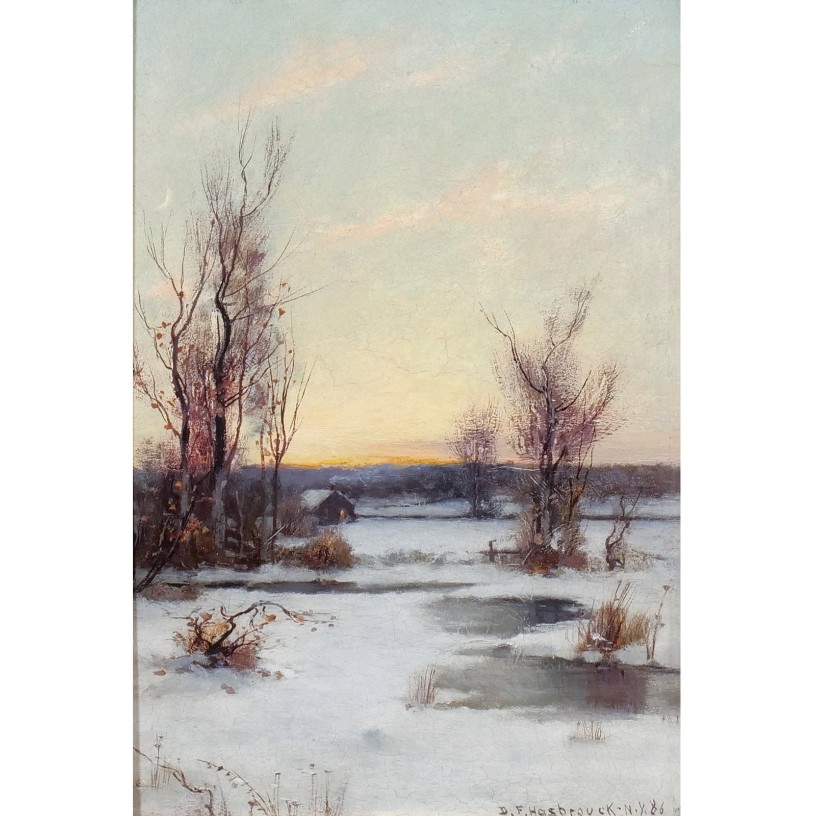 DU BOIS FENELON HASBROUCK (American, 1860-1934): Evening in Winter Oil on canvas h. 12-1/2 w. 8-1/2 in. Signed and dated '86 lower right, titled and signed on verso, in a gilt frame overall: 21 x 17-1/2 in. (framed) Provenance: Private collection,