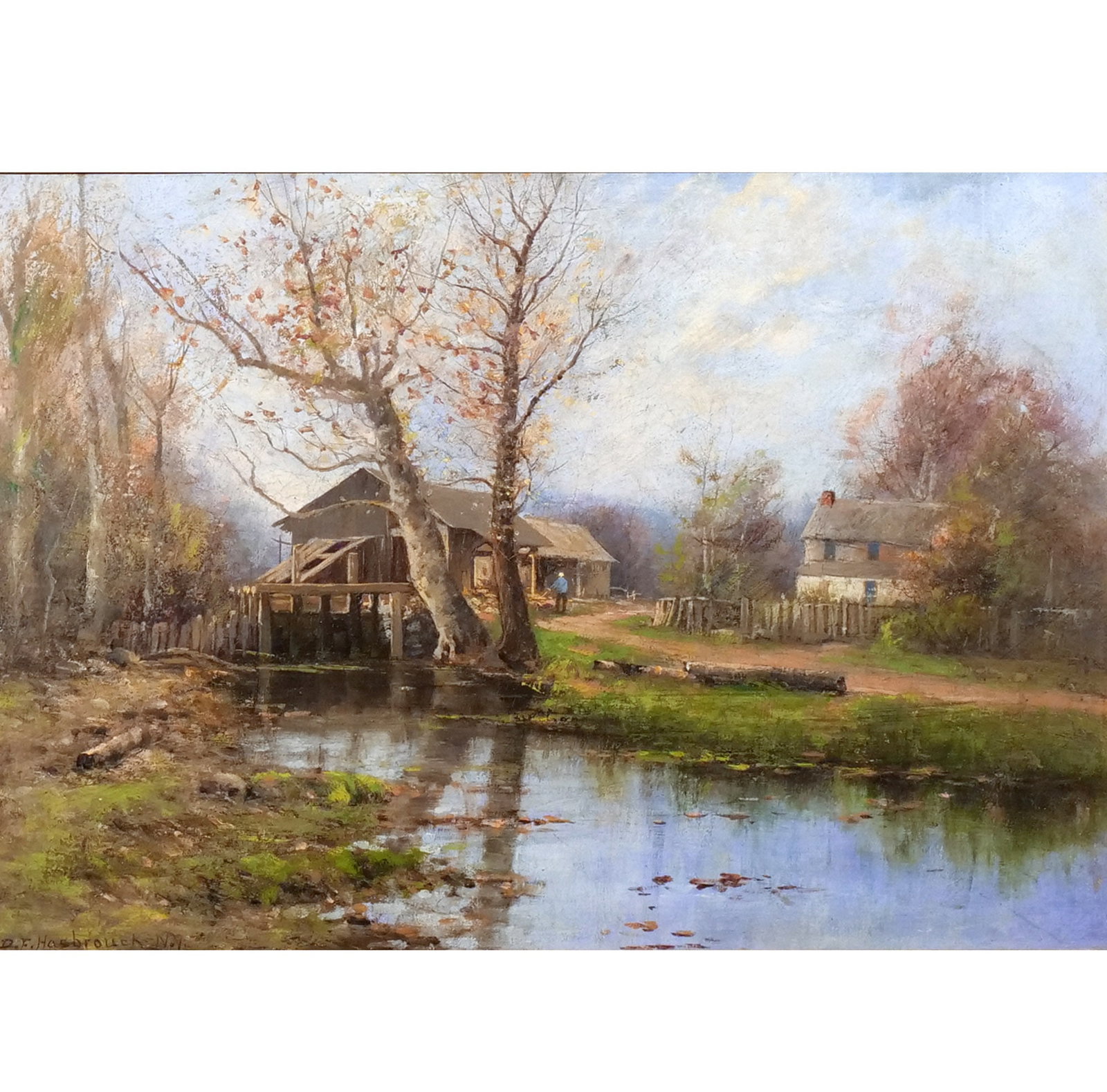 DU BOIS FENELON HASBROUCK (American, 1860-1934): Homestead by Stream Oil on canvas h. 14 w. 20 in. Signed lower left, housed in original frame overall: 26 x 32 in. (framed) Provenance: Private collection, New Paltz, NY