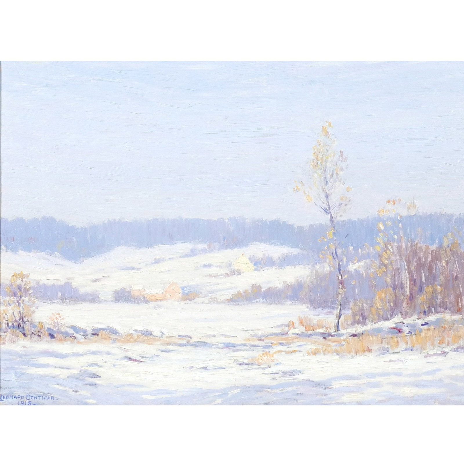 LEONARD OCHTMAN (Cos Cob, CT., 1854-1934): Winter Afternoon Oil on canvas h. 12 w. 16 in. Signed lower left and dated 1915, with old labels on verso, housed in carved frame of the period overall: 19 x 22-1/2 in. (framed) Provenance: