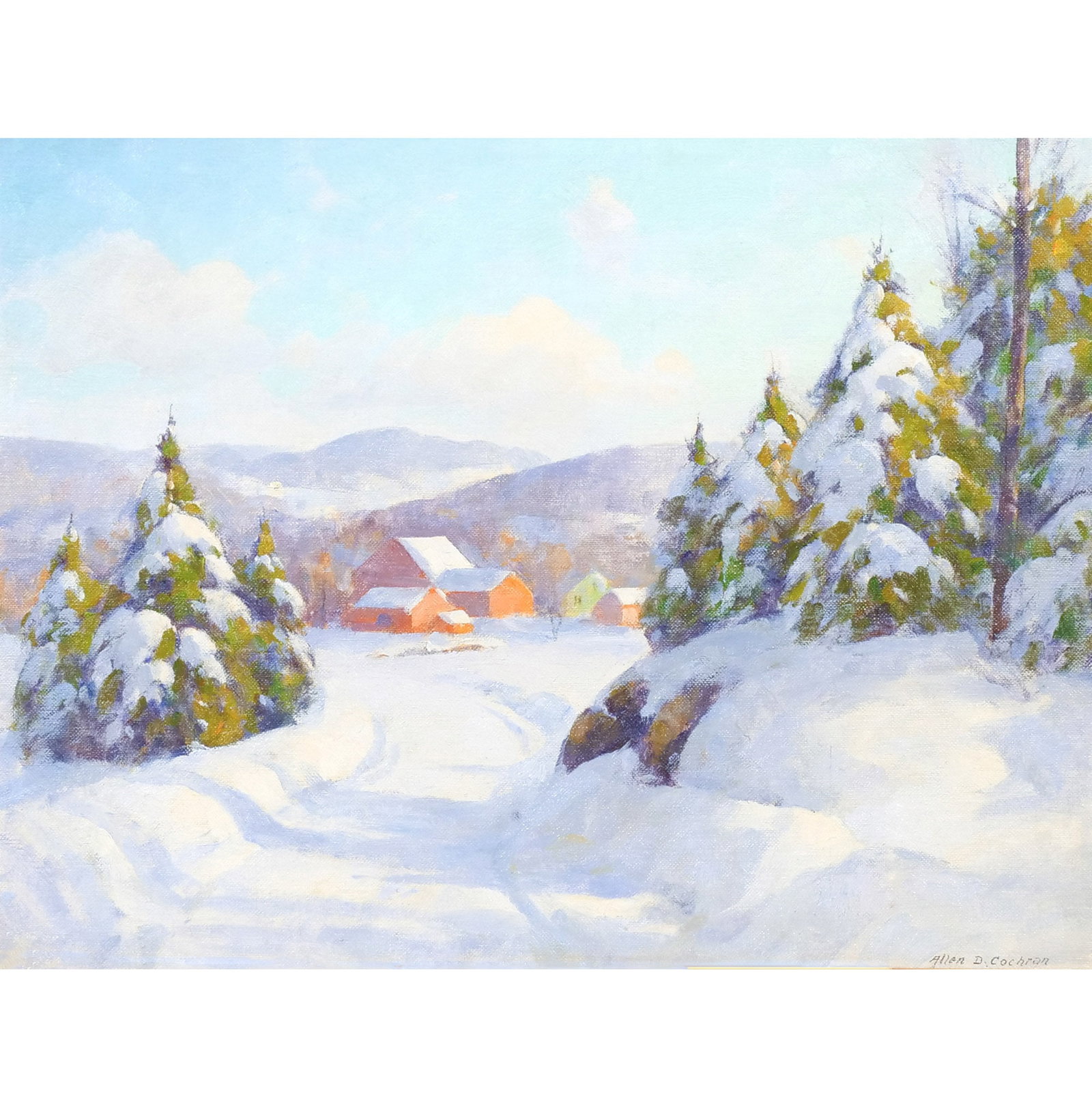 ALLEN DEAN COCHRAN (American, 1888-1971): Winter Country Landscape Oil on canvasboard h. 12 w. 16 in. Signed lower right, framed overall: 16 x 19-1/2 in. (framed) Provenance: Private collection, New Paltz, NY [In Situ Item] This item will